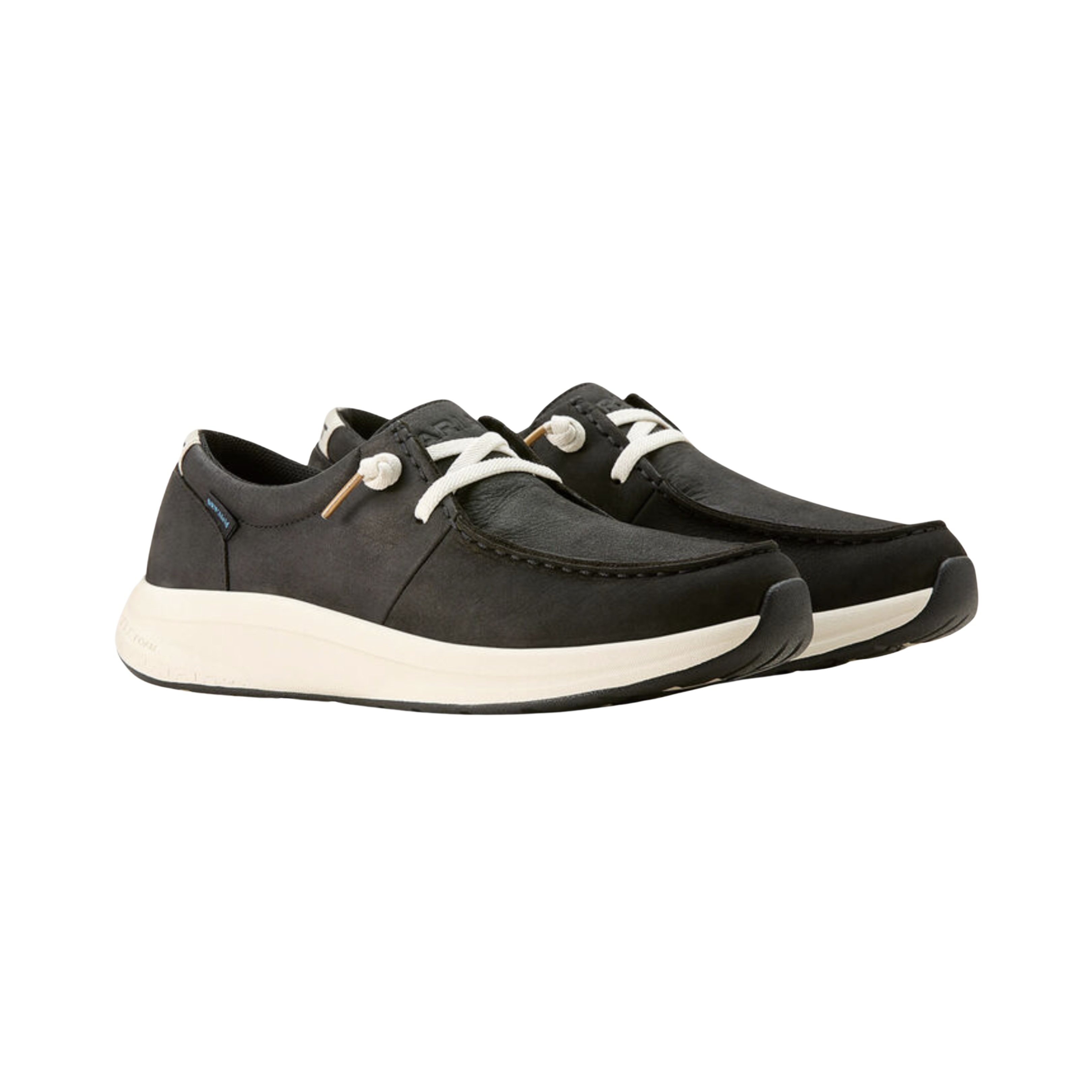 Angled View of Women’s Ariat Buckeye Waterproof Casual Shoe in satin black – featuring a stylish, versatile design with cushioning for arch support and a breathable, waterproof construction.