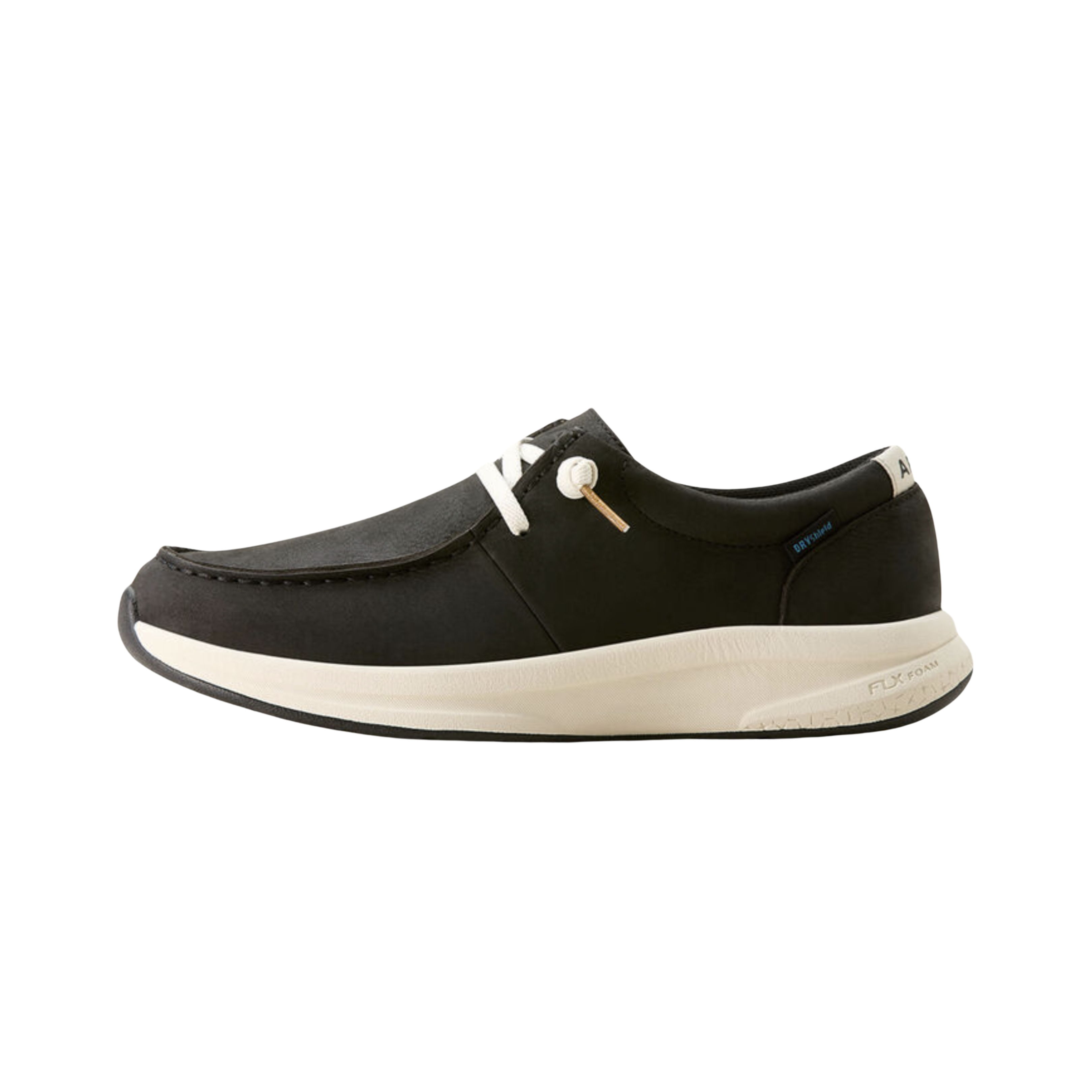 Side View of Women’s Ariat Buckeye Waterproof Casual Shoe in satin black – featuring a low-profile silhouette, shock-absorbing EVA midsole, and durable rubber outsole for slip-resistant traction.
