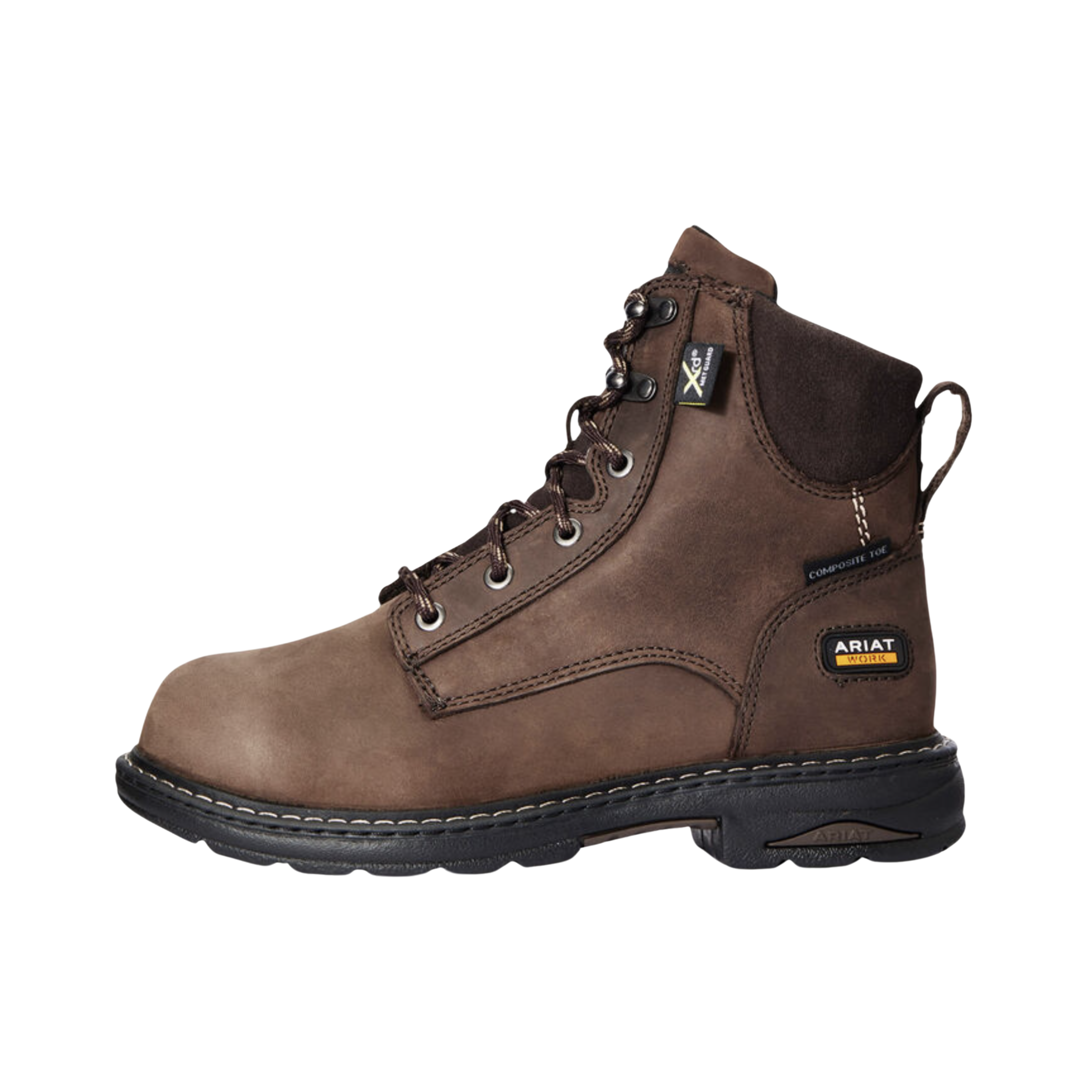 Side View of Women’s Ariat Casey in oily distressed brown – featuring a lightweight composite safety toe, MetGuard technology for top-down impact protection, and a 6” shaft for ankle support.