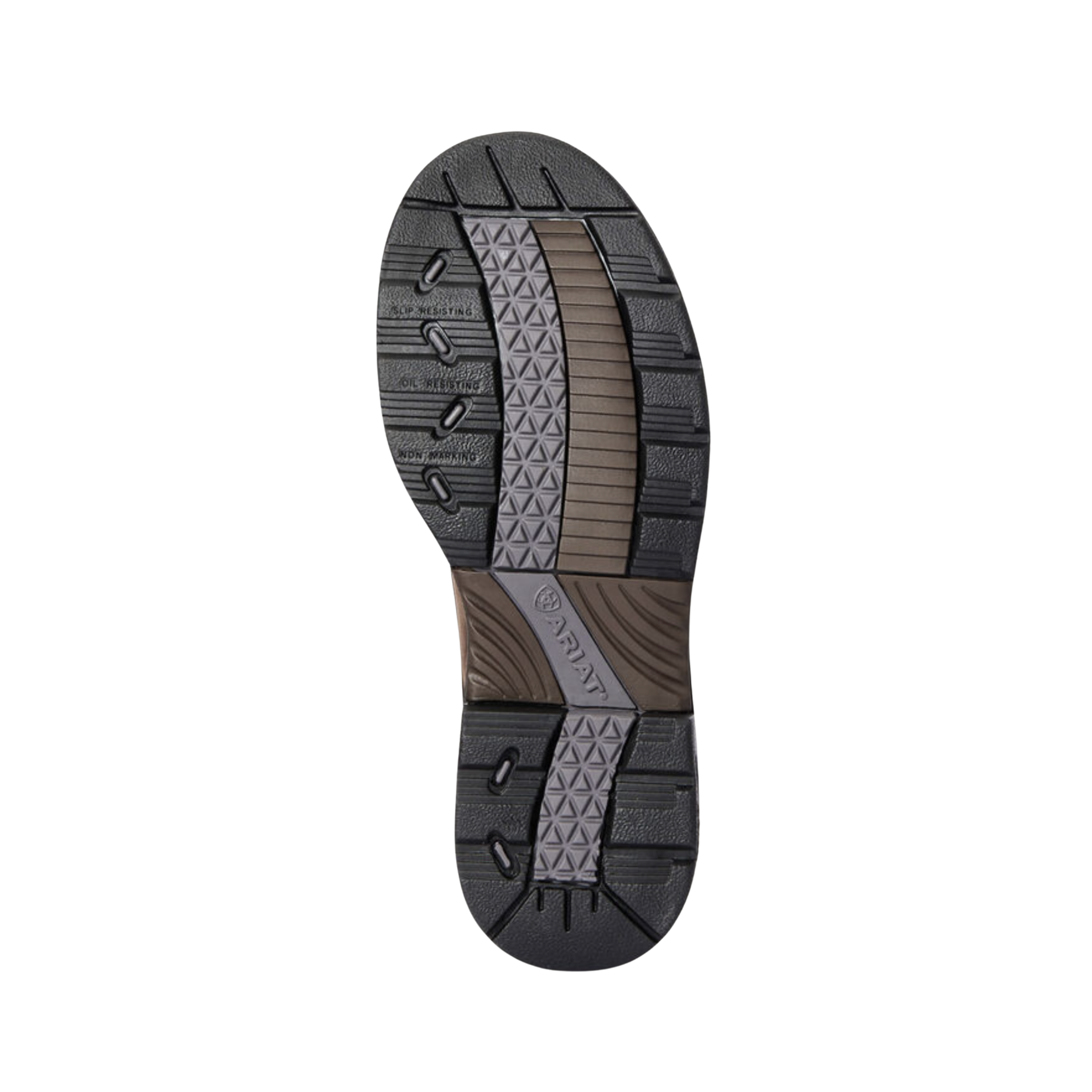 Bottom View of Women’s Ariat Casey 6" MetGuard Composite Toe in oily distressed brown – featuring an oil- and slip-resistant outsole for superior traction and stability on unpredictable surfaces.