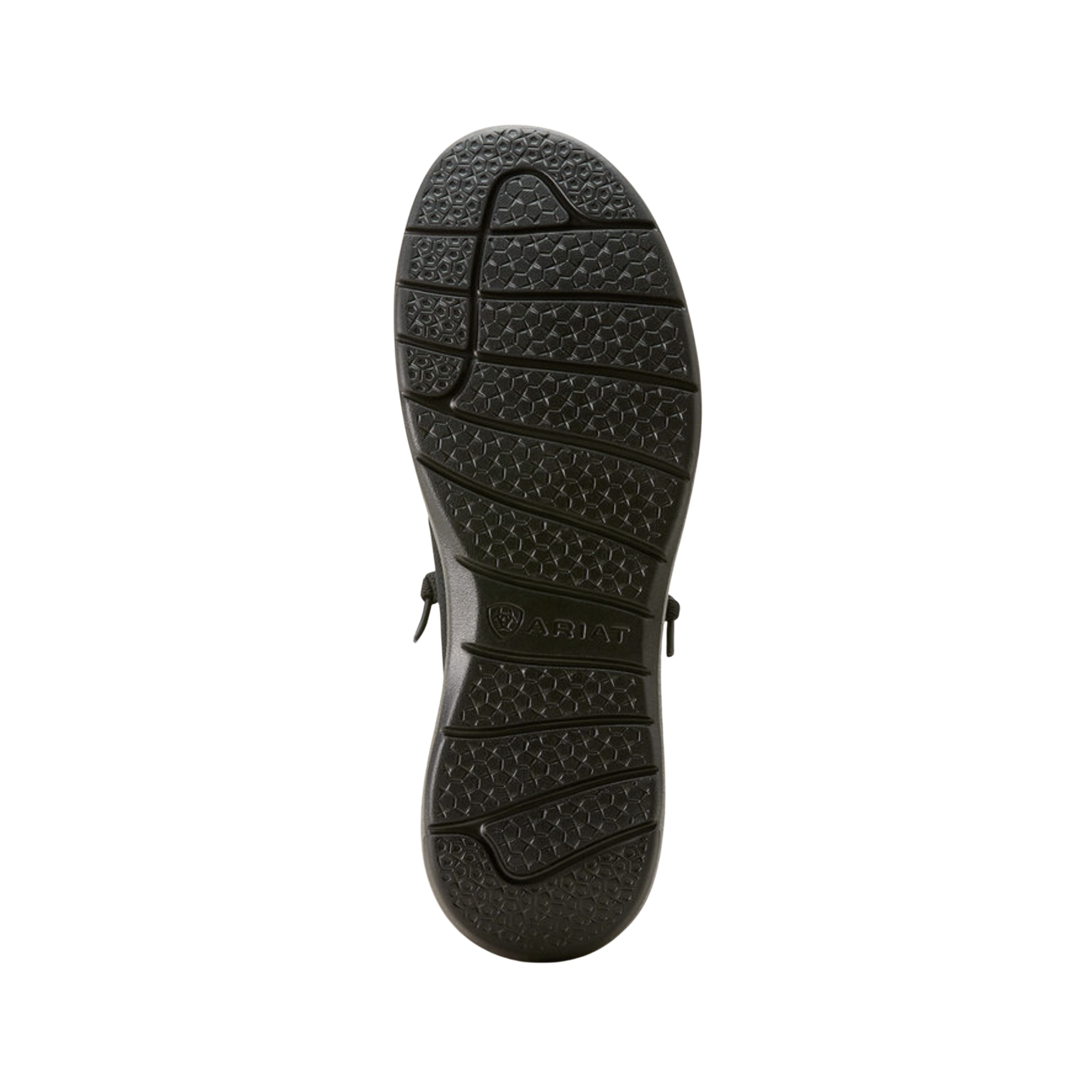 Bottom View of Men’s Ariat Hilo Casual Shoe in solid black – featuring a textured outsole for grip, lightweight construction, and flexible feel.