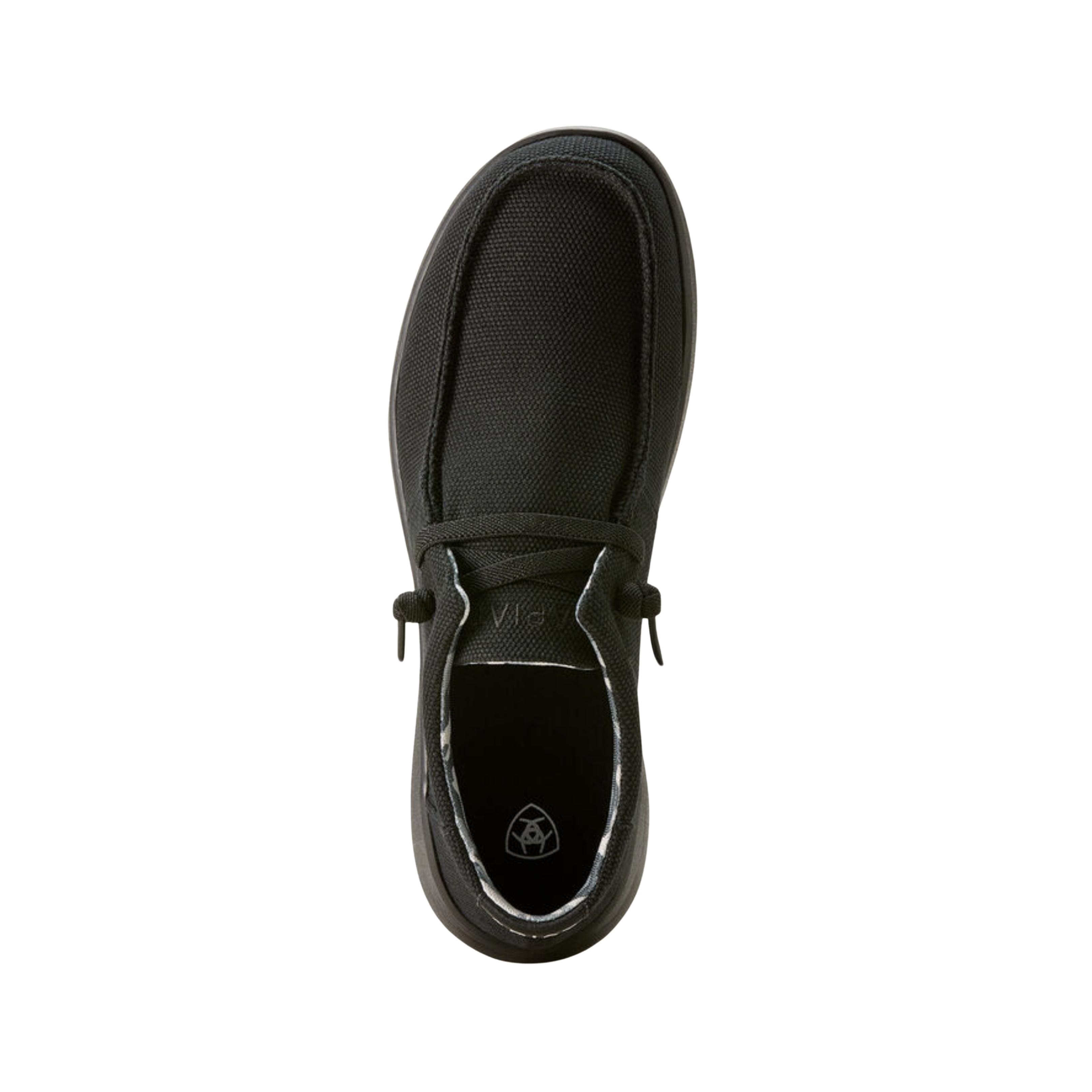 Top View of Men’s Ariat Hilo Casual Shoe in solid black – featuring a cushioned insole, wide toe area, and easy slip-on design.