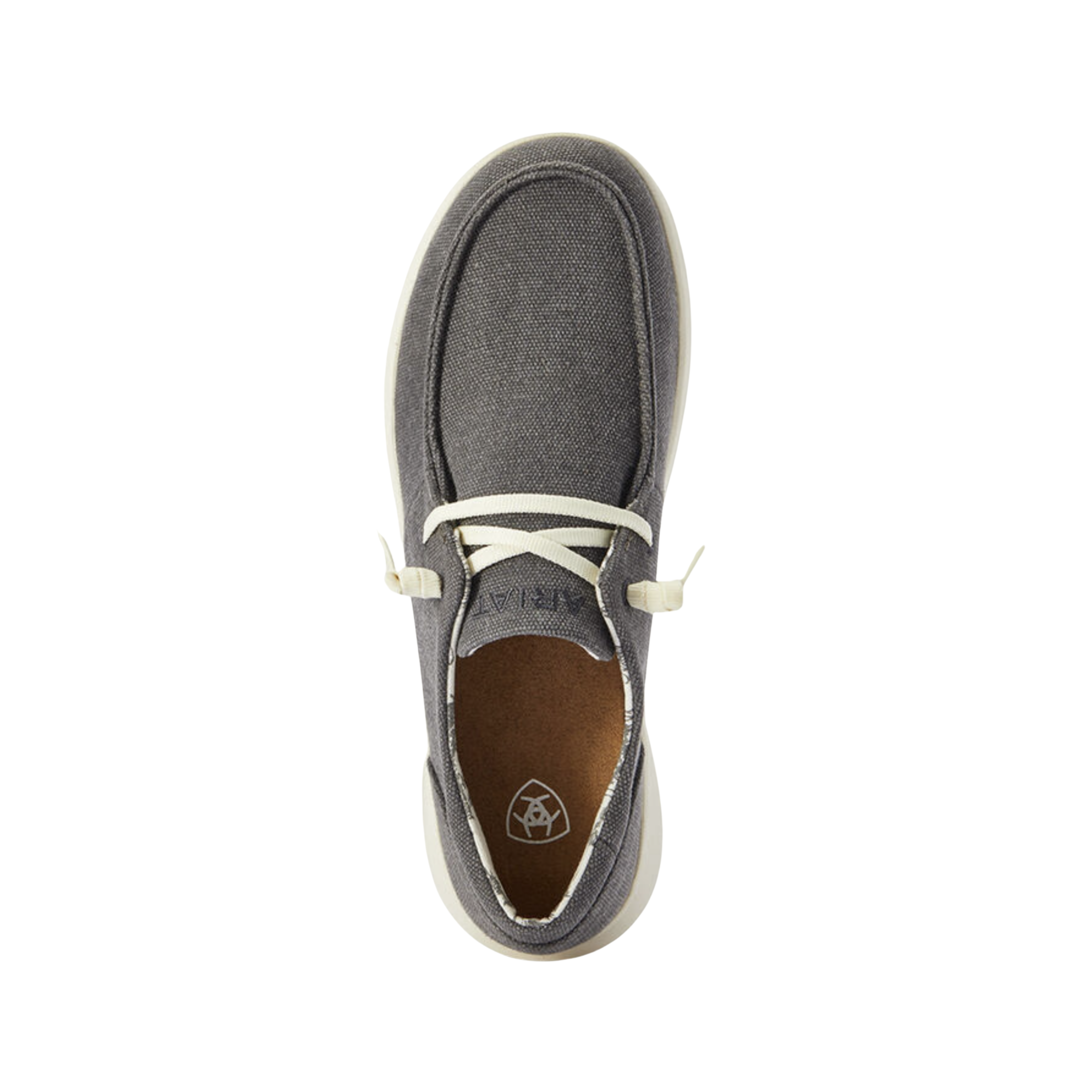 Top View of Women’s Ariat Hilo Casual Shoe in washed black – featuring a cushioned insole, breathable textile upper, and easy slip-on design with lace-up detail.