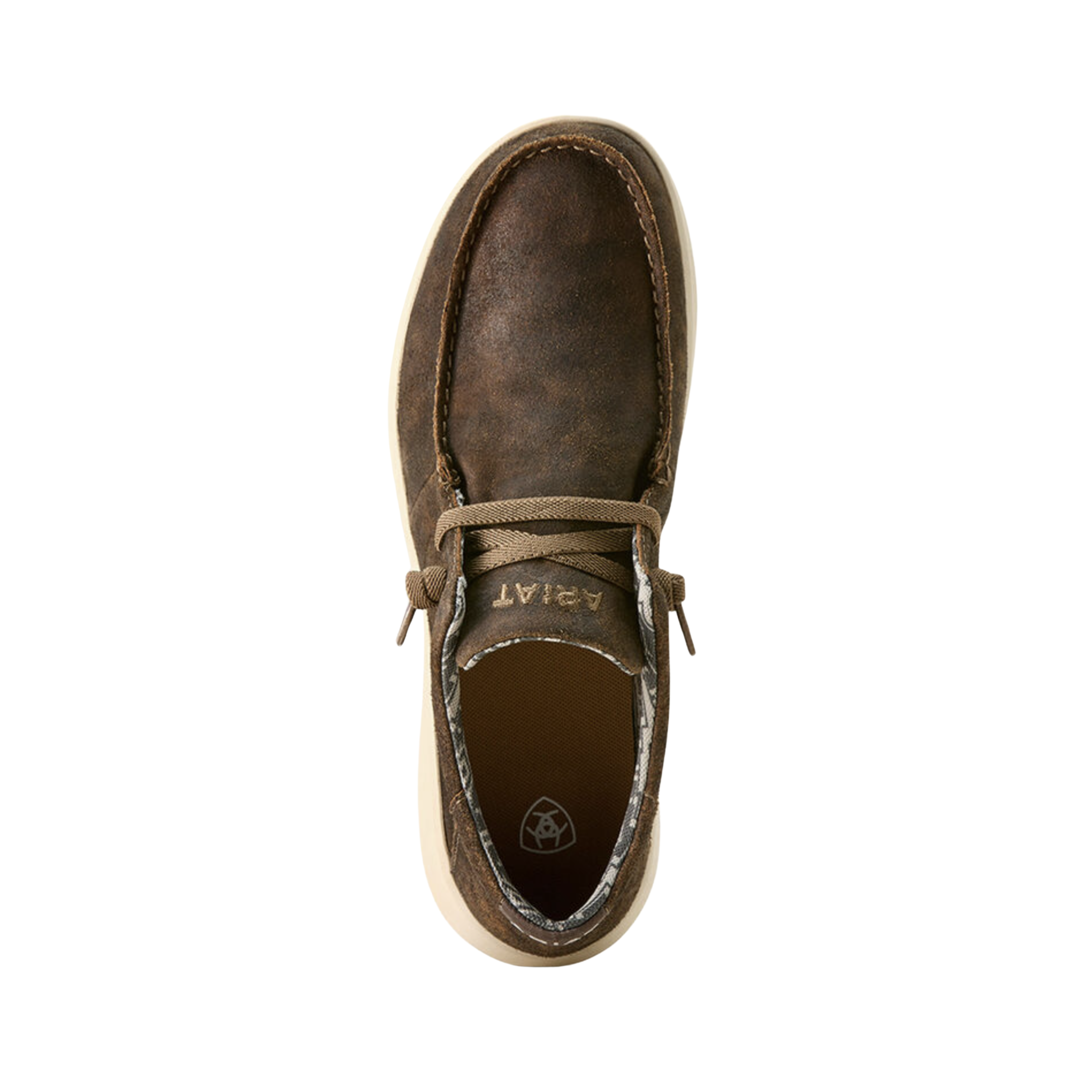 Top View of Men’s Ariat Hilo Casual Shoe in western brown – featuring a soft, cushioned insole, roomy toe box, and lightweight build for everyday comfort.
