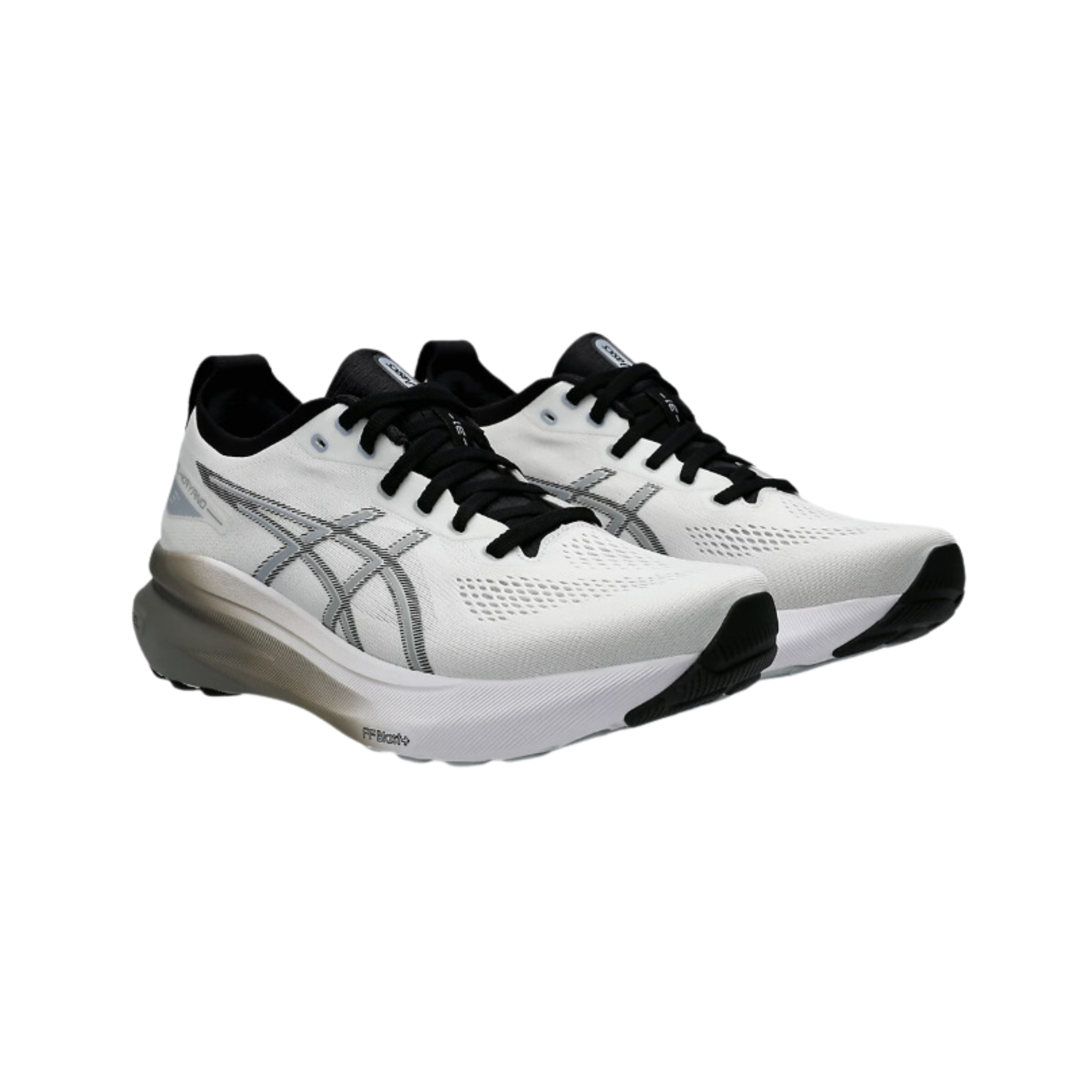 Side view of Men’s ASICS Gel-Kayano 31 running shoe in white, grey, and black – featuring GEL cushioning for shock absorption, engineered mesh upper for breathability, and dynamic support for stability.