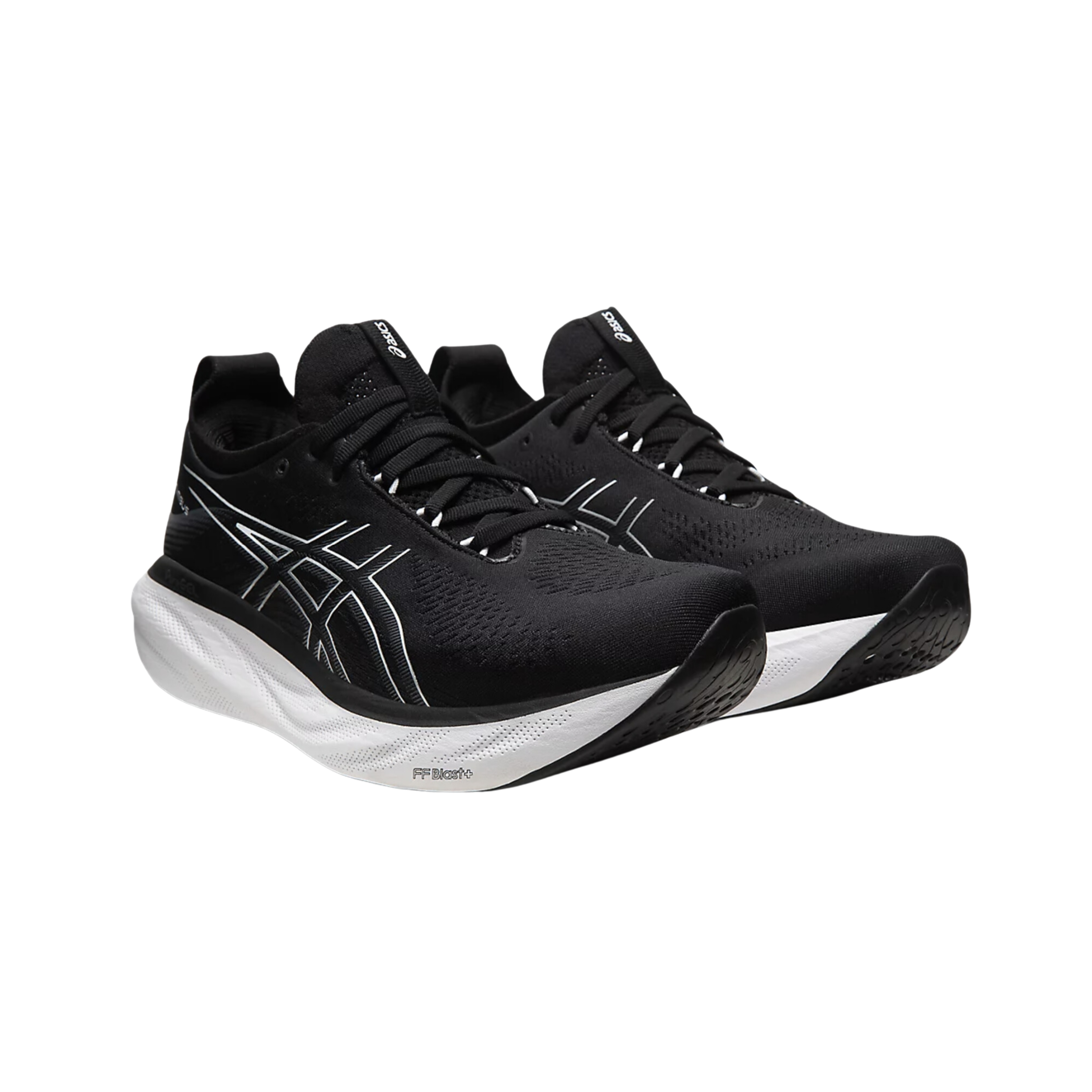 Side View of Men’s Asics Gel-Nimbus 25 running shoe in black pure silver – featuring a breathable knit upper, PureGEL technology for soft impact absorption, and FF BLAST PLUS ECO cushioning for smooth, ultra-comfortable performance.