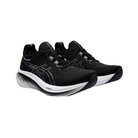 Side view of Men’s ASICS Gel-Nimbus 26 running shoe in black and white – featuring GEL cushioning for plush comfort, breathable mesh upper, and durable outsole for long-distance running.