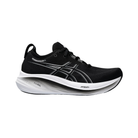 Side view of Women’s ASICS Gel-Nimbus 26 athletic shoe in black and white – featuring adaptive GEL cushioning, breathable mesh, and sturdy outsole for stability.
