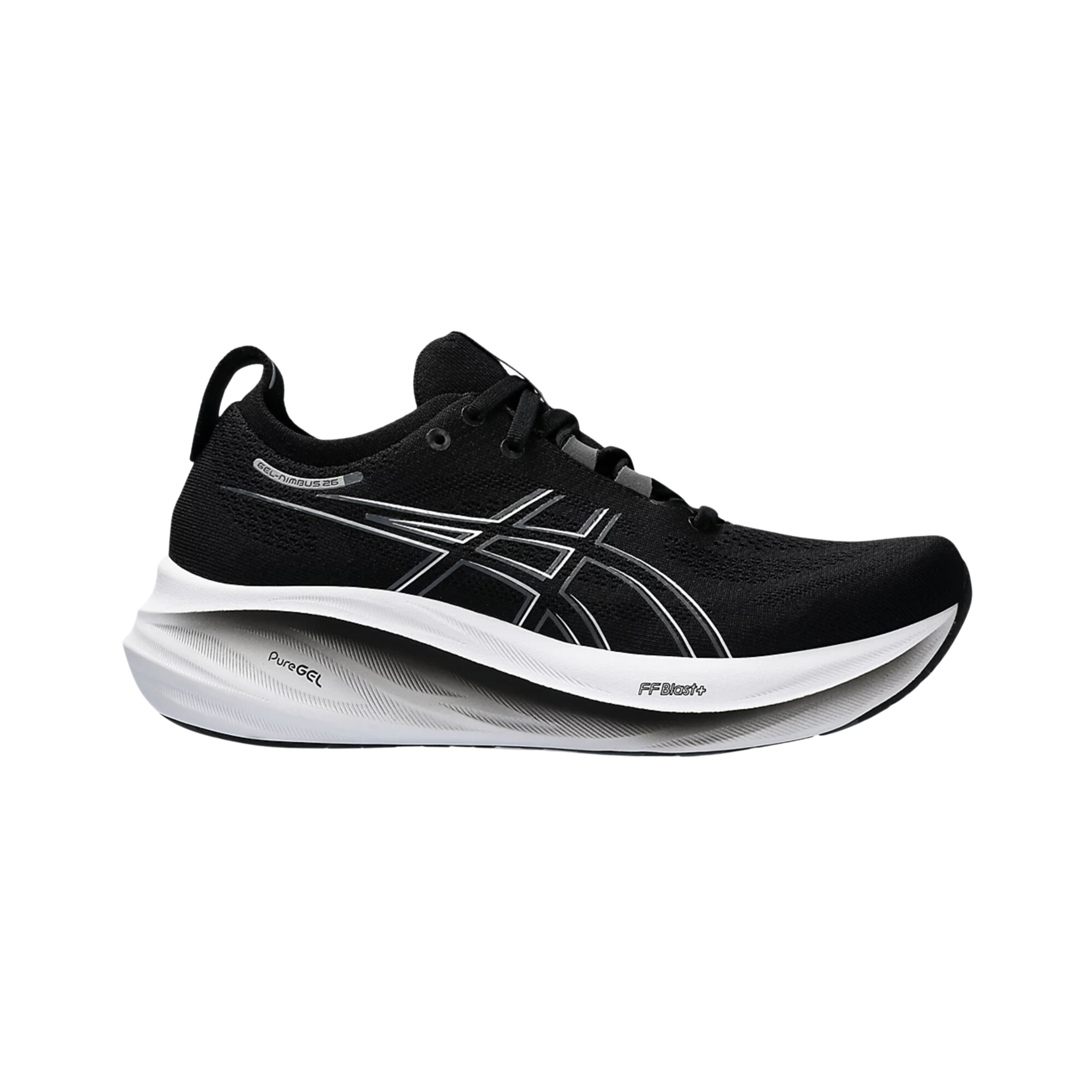 Side view of Women’s ASICS Gel-Nimbus 26 athletic shoe in black and white – featuring adaptive GEL cushioning, breathable mesh, and sturdy outsole for stability.