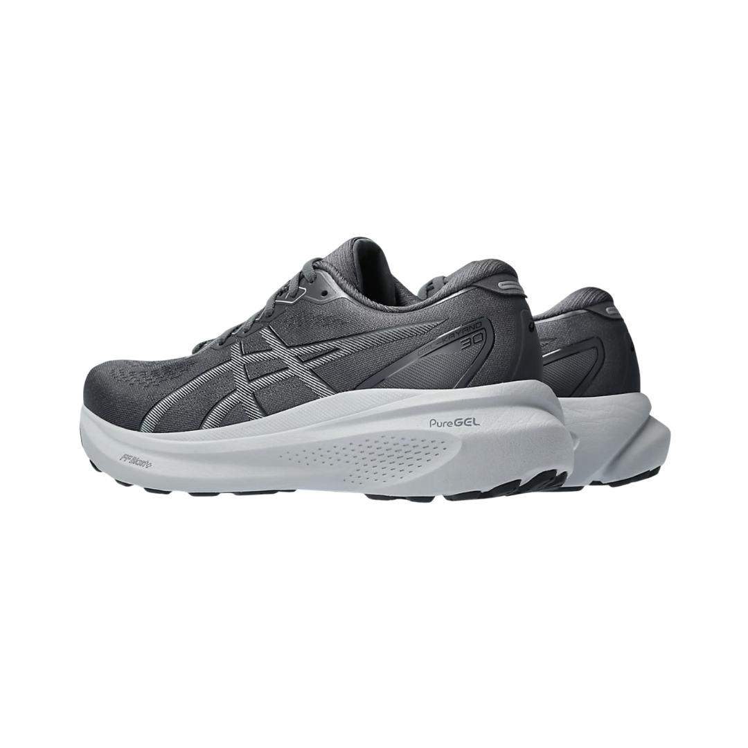 Side View of Men’s Asics Gel-Kayano 30 running shoe in carrier grey piedmont grey – featuring a breathable engineered mesh upper, FF BLAST PLUS ECO cushioning for lightweight comfort, and 4D GUIDANCE SYSTEM for adaptive stability and support.