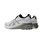 Side View of Men’s Asics Gel-Kayano 31 running shoe in white piedmont grey – featuring a breathable engineered mesh upper, FF BLAST PLUS ECO cushioning for responsive comfort, and LITETRUSS support system for enhanced stability.