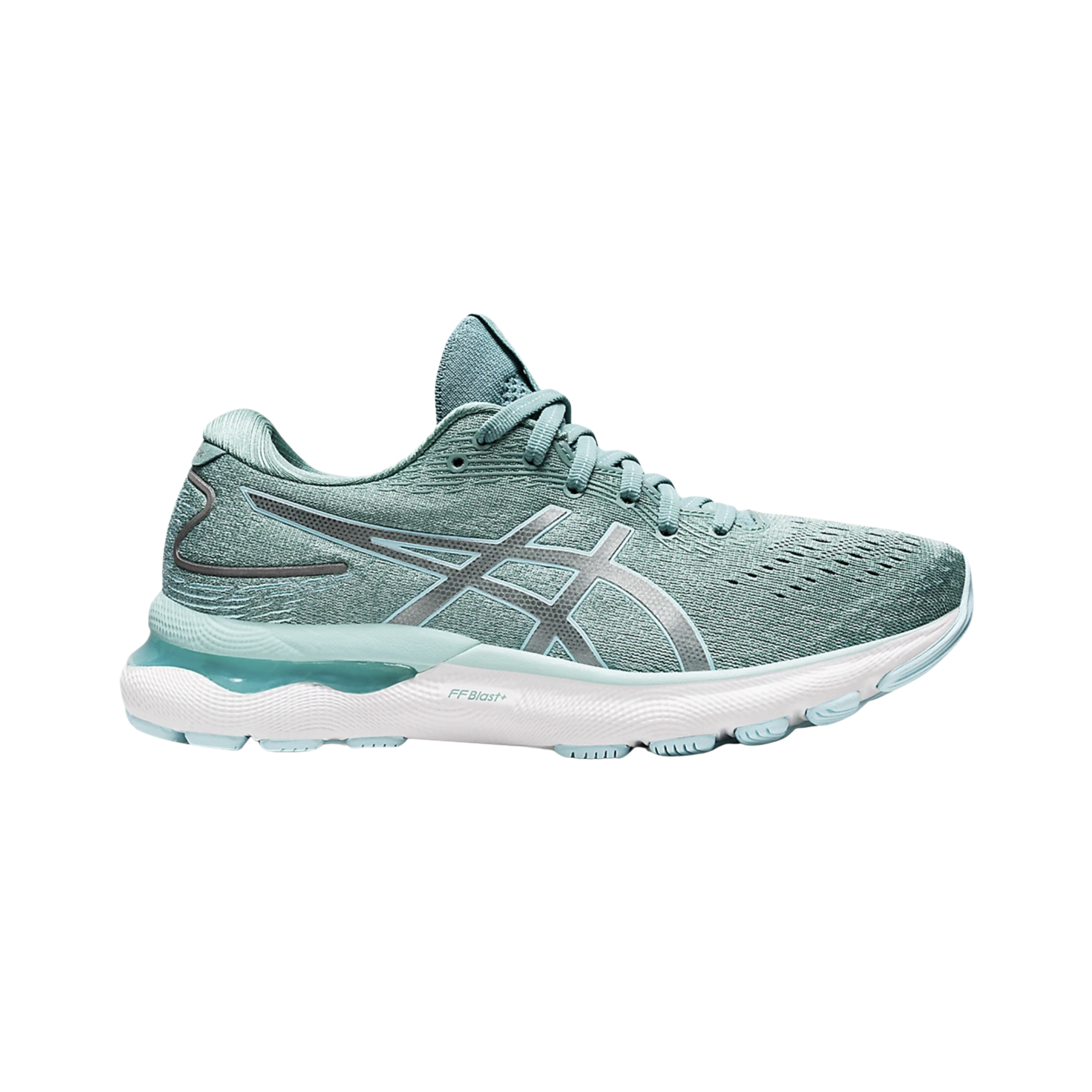 Side View of Women’s Asics Gel-Nimbus 24 running shoe in sage clear blue – featuring a breathable engineered mesh upper, FF BLAST PLUS cushioning for lightweight comfort, and durable rubber outsole for smooth, stable performance.