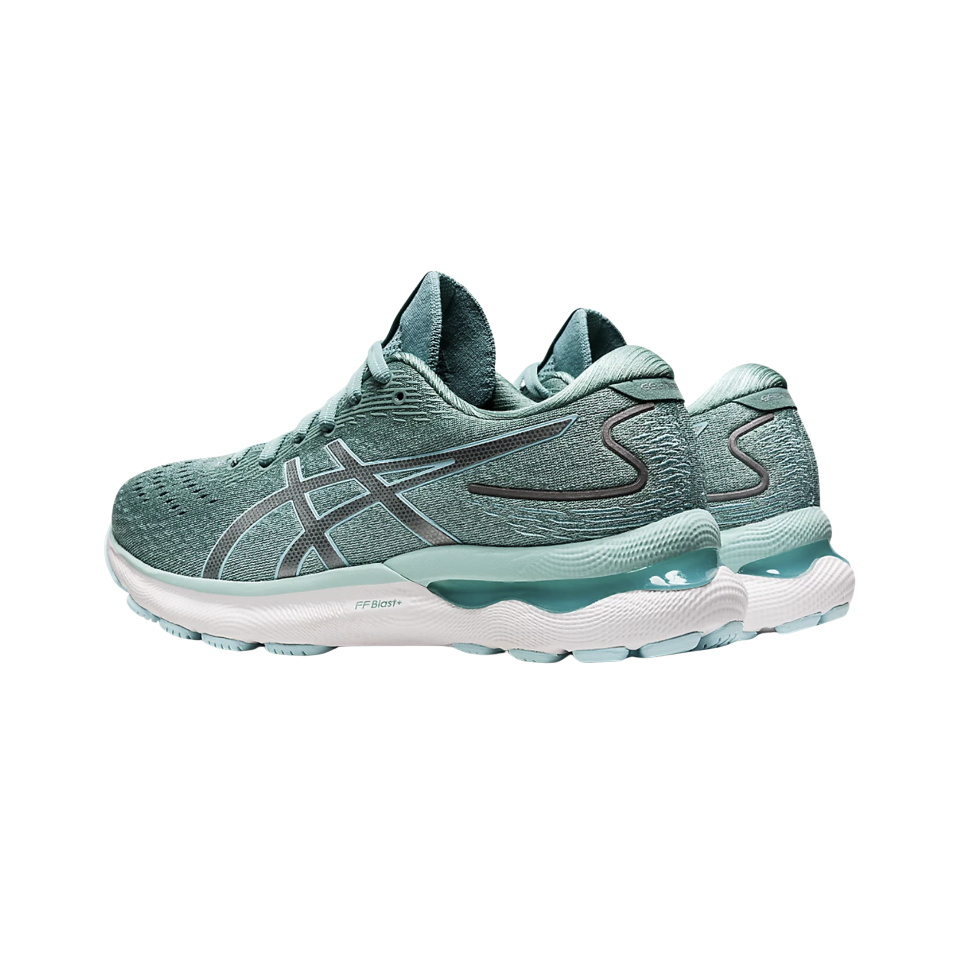 Side View of Women’s Asics Gel-Nimbus 24 running shoe in sage clear blue – featuring a breathable engineered mesh upper, FF BLAST PLUS cushioning for lightweight comfort, and durable rubber outsole for smooth, stable performance.