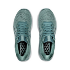 Front View of Women’s Asics Gel-Nimbus 24 running shoe in sage clear blue – featuring a breathable engineered mesh upper, rounded toe design, and padded tongue with lace-up closure for a secure and comfortable fit.