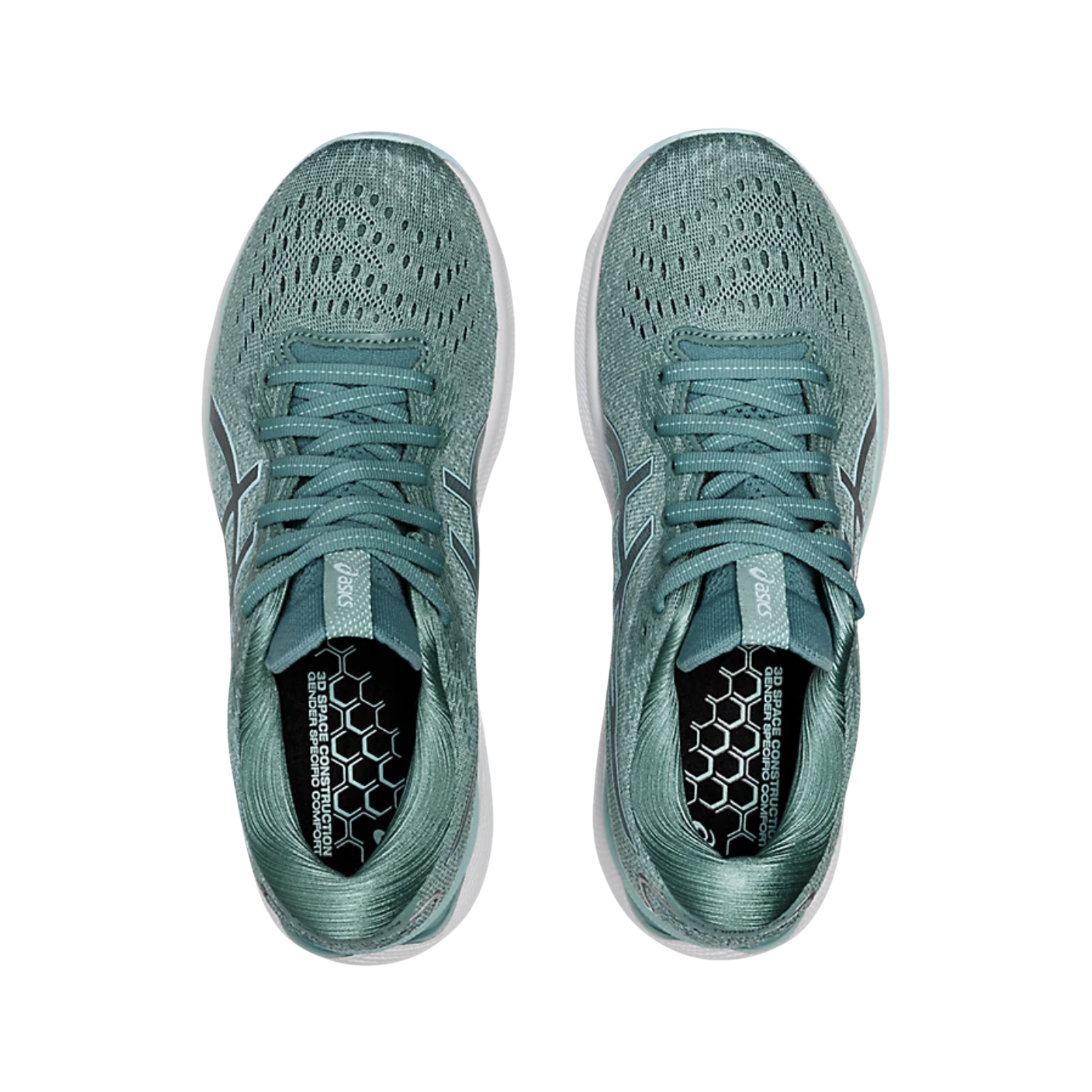 Front View of Women’s Asics Gel-Nimbus 24 running shoe in sage clear blue – featuring a breathable engineered mesh upper, rounded toe design, and padded tongue with lace-up closure for a secure and comfortable fit.
