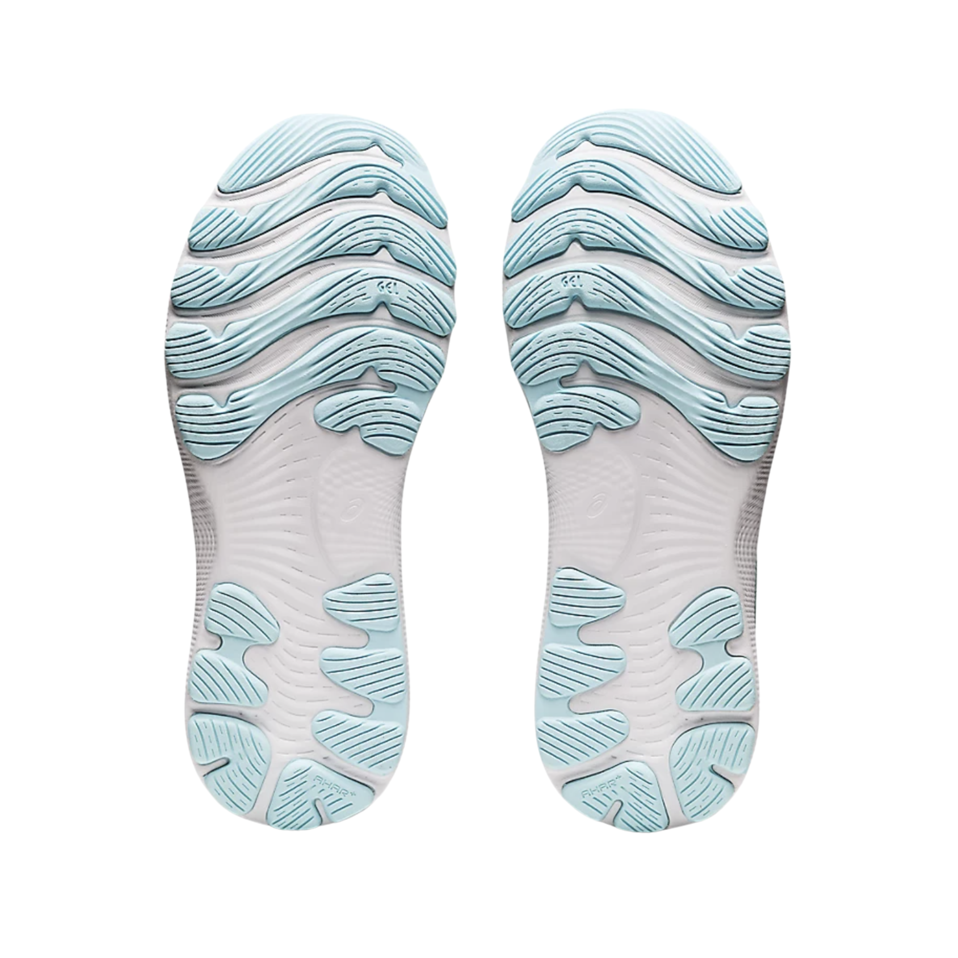 Bottom View of Women’s Asics Gel-Nimbus 24 running shoe in sage clear blue – featuring a durable AHAR rubber outsole, strategic flex grooves for natural movement, and textured tread pattern for enhanced traction and stability.