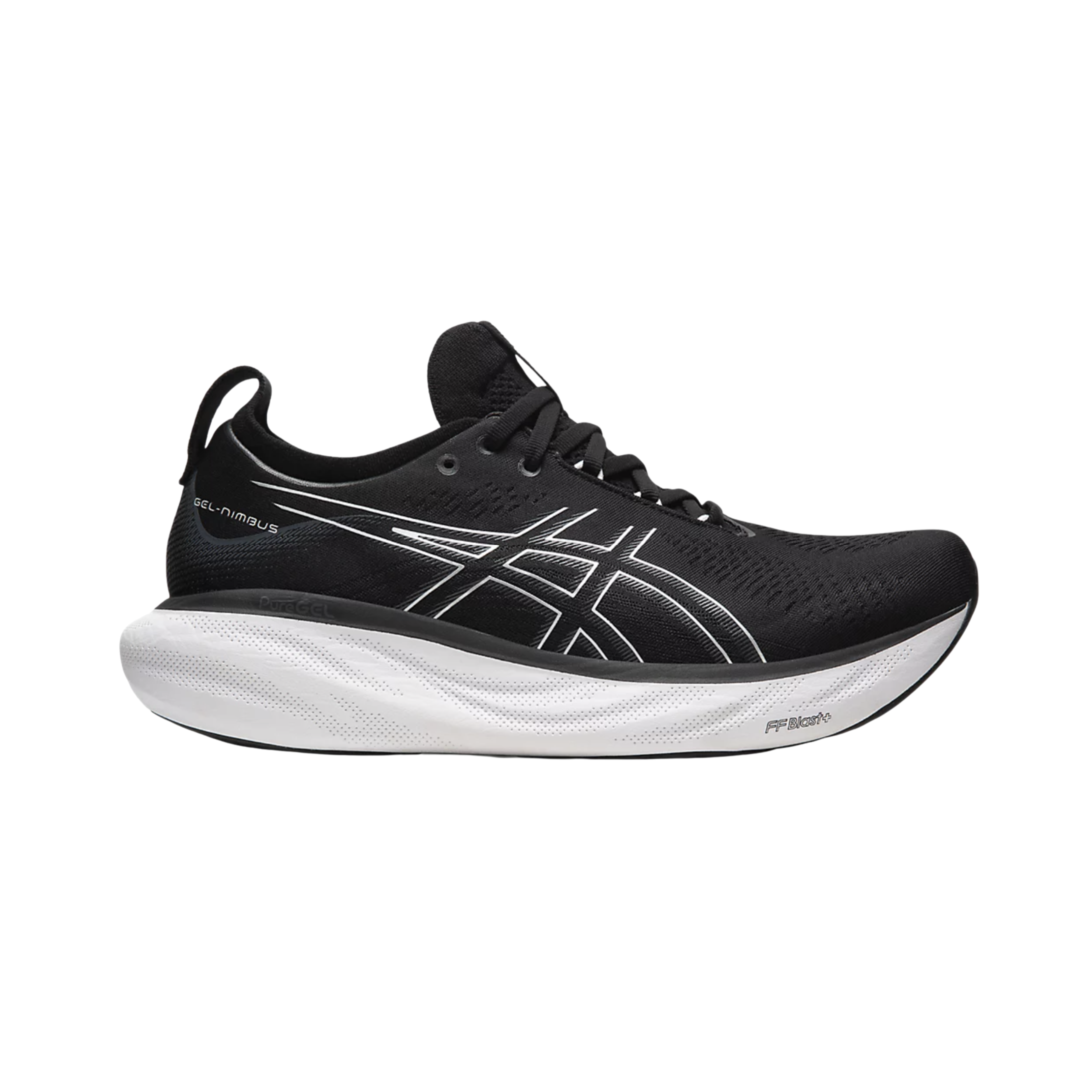 Side View of Men’s Asics Gel-Nimbus 25 running shoe in black pure silver – featuring a breathable knit upper, PureGEL technology for soft impact absorption, and FF BLAST PLUS ECO cushioning for ultra-light responsive comfort.