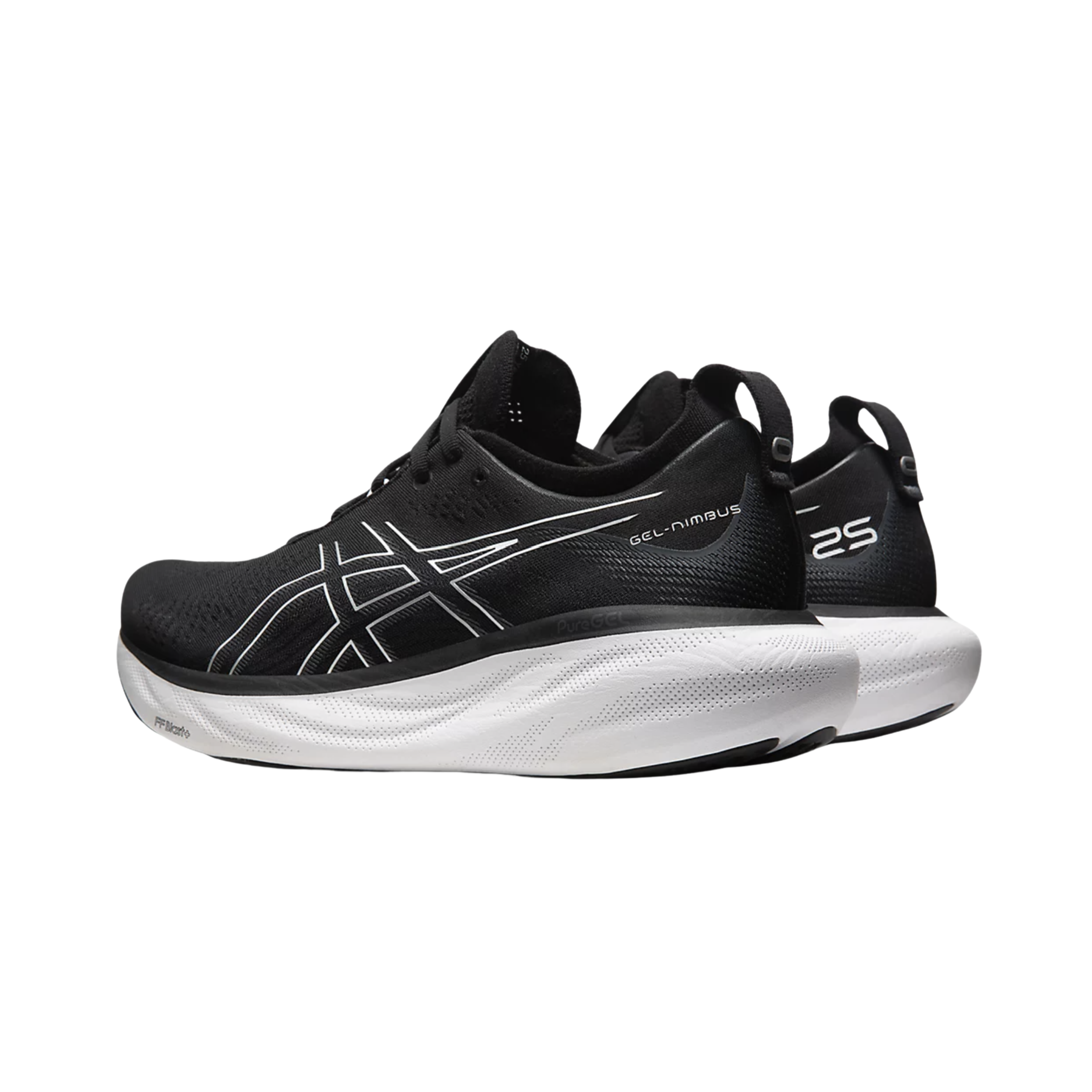 Side View of Men’s Asics Gel-Nimbus 25 running shoe in black pure silver – featuring a breathable knit upper, PureGEL technology for soft impact absorption, and FF BLAST PLUS ECO cushioning for ultra-light responsive comfort.
