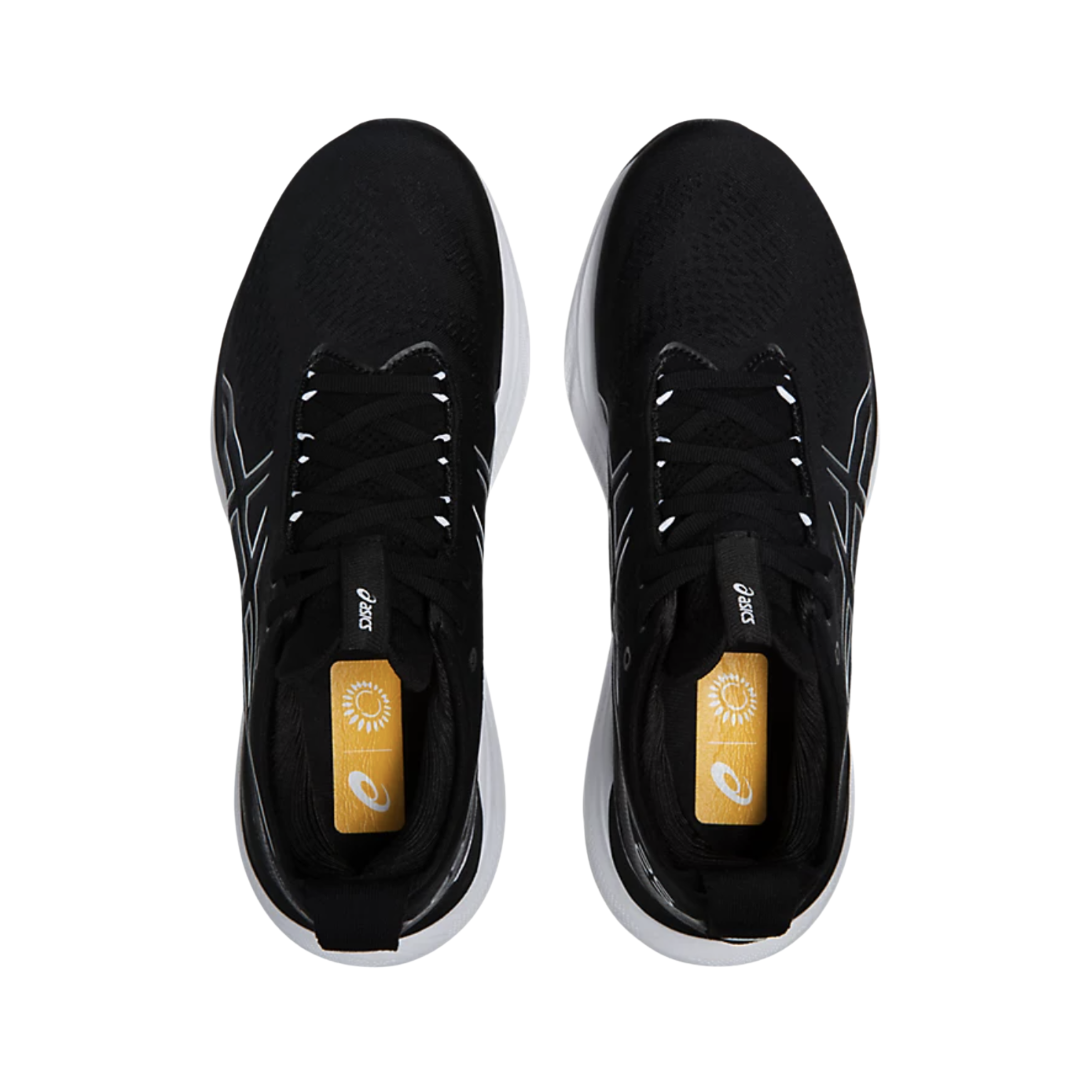 Front View of Men’s Asics Gel-Nimbus 25 running shoe in black pure silver – featuring a breathable knit upper with rounded toe, padded tongue for added comfort, and secure lace-up design.