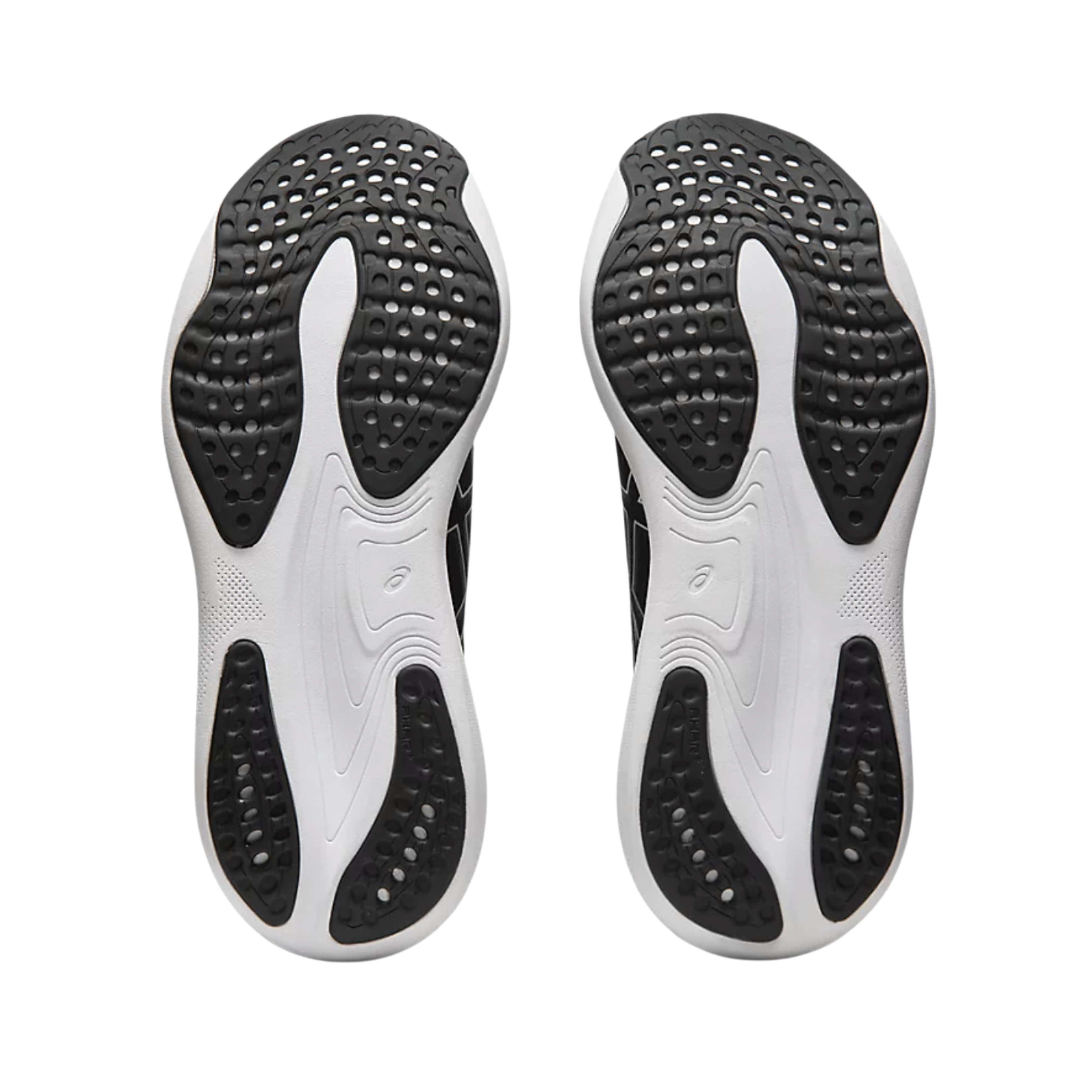 Bottom View of Men’s Asics Gel-Nimbus 25 running shoe in black pure silver – featuring a durable rubber outsole with high-abrasion zones, flex grooves for natural motion, and grippy tread pattern for reliable traction.