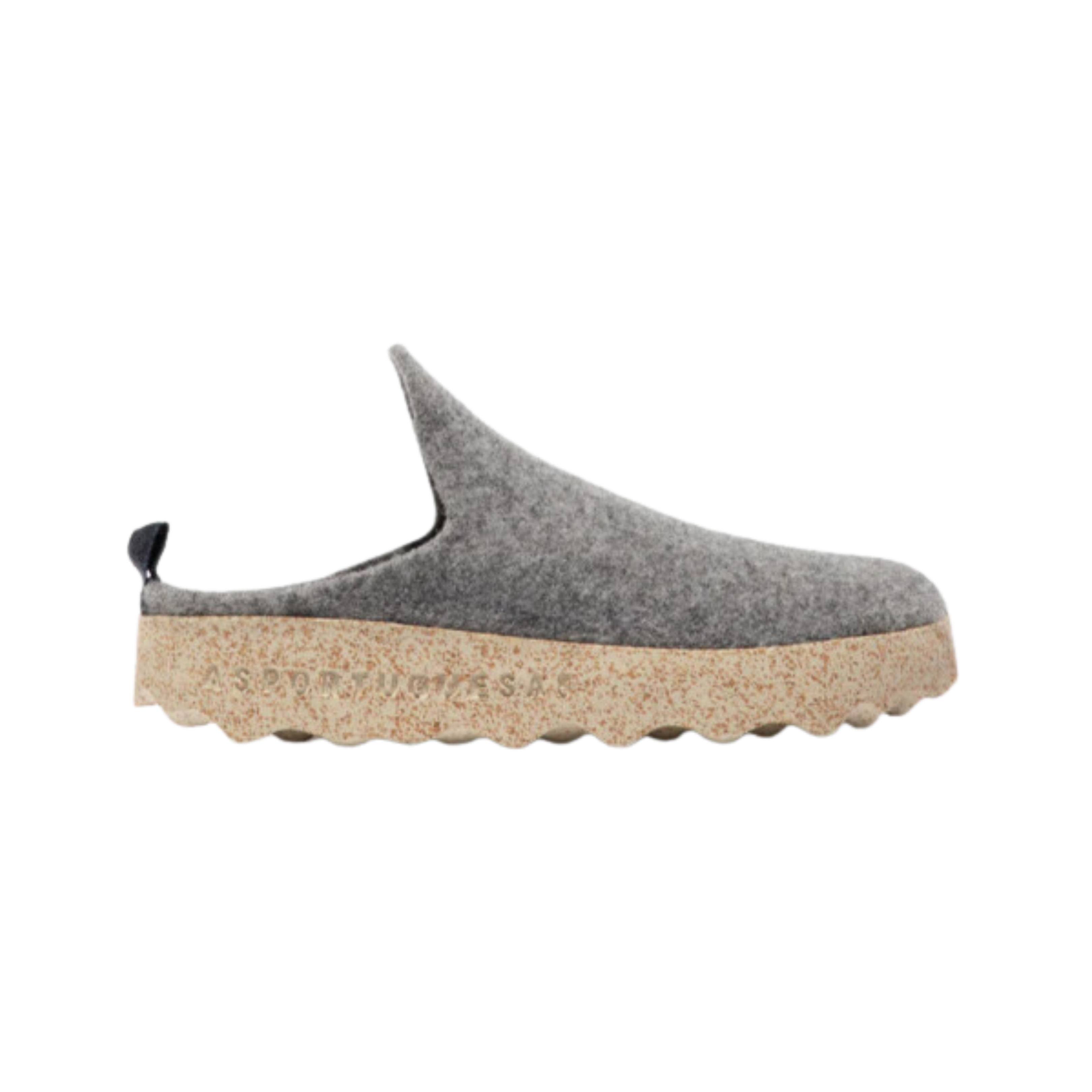 Side view of Asportuguesas Come in Concrete Tweed – featuring a rounded toe with a textured wool-blend upper in light grey tweed, elastic side gore panels for flexibility, and a seamless slip-on design for easy comfort.