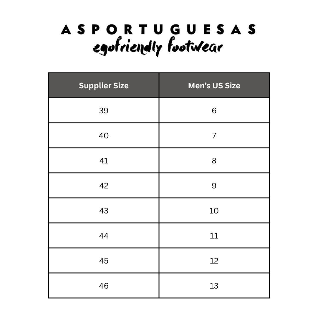 Asportuguesas Men’s Shoe Size Chart – detailed sizing guide displaying foot length in centimeters alongside corresponding Asportuguesas women’s shoe sizes for accurate footwear fitting