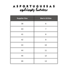 Asportuguesas Men’s Shoe Size Chart – detailed sizing guide displaying foot length in centimeters alongside corresponding Asportuguesas women’s shoe sizes for accurate footwear fitting