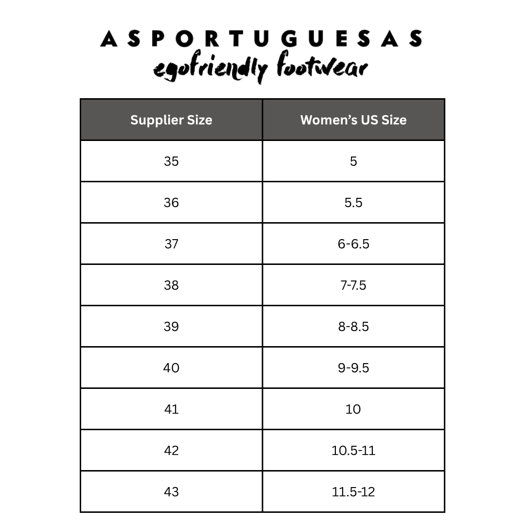 Asportuguesas Women’s Shoe Size Chart – detailed sizing guide displaying foot length in centimeters alongside corresponding Asportuguesas women’s shoe sizes for accurate footwear fitting.