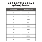 Asportuguesas Women’s Shoe Size Chart – detailed sizing guide displaying foot length in centimeters alongside corresponding Asportuguesas women’s shoe sizes for accurate footwear fitting.