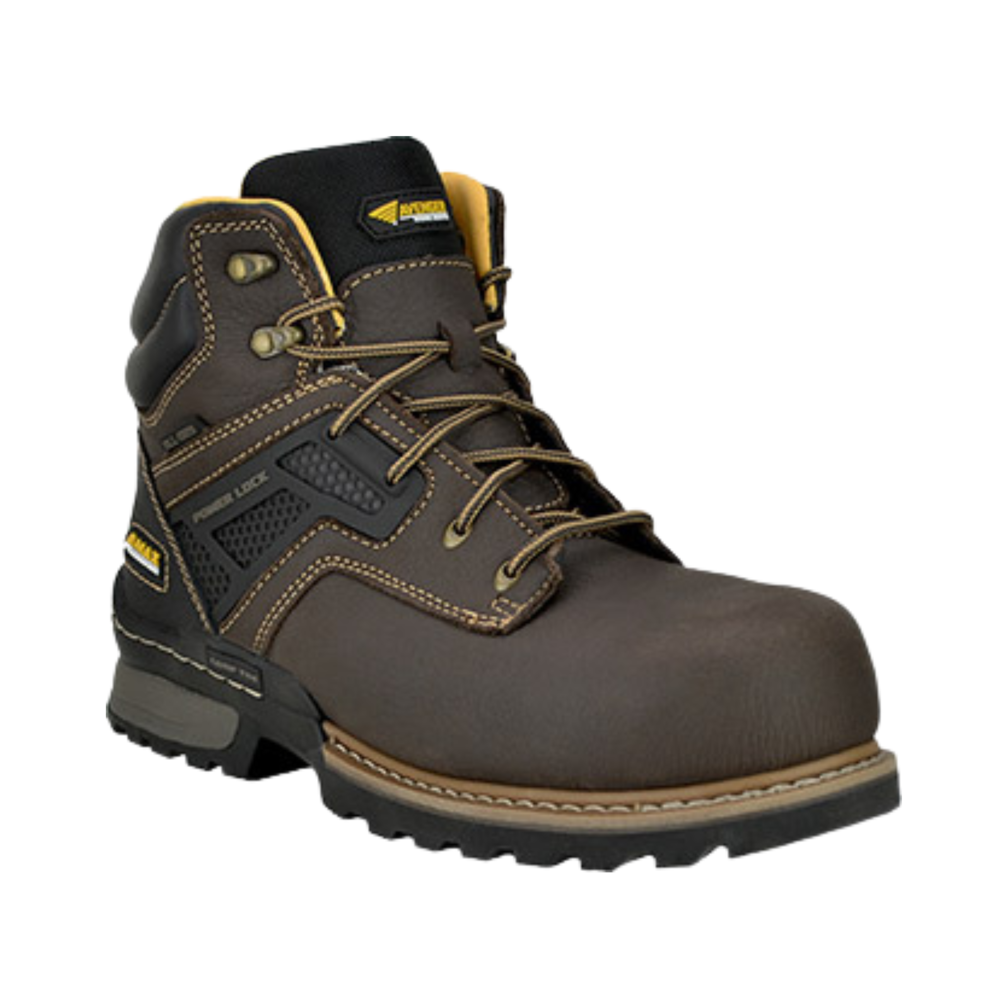 Side view of Men’s Avenger A-Max Dozer composite toe work boot in brown, yellow, and black – featuring composite safety toe, rugged outsole for traction, breathable mesh upper, and cushioned footbed for comfort.