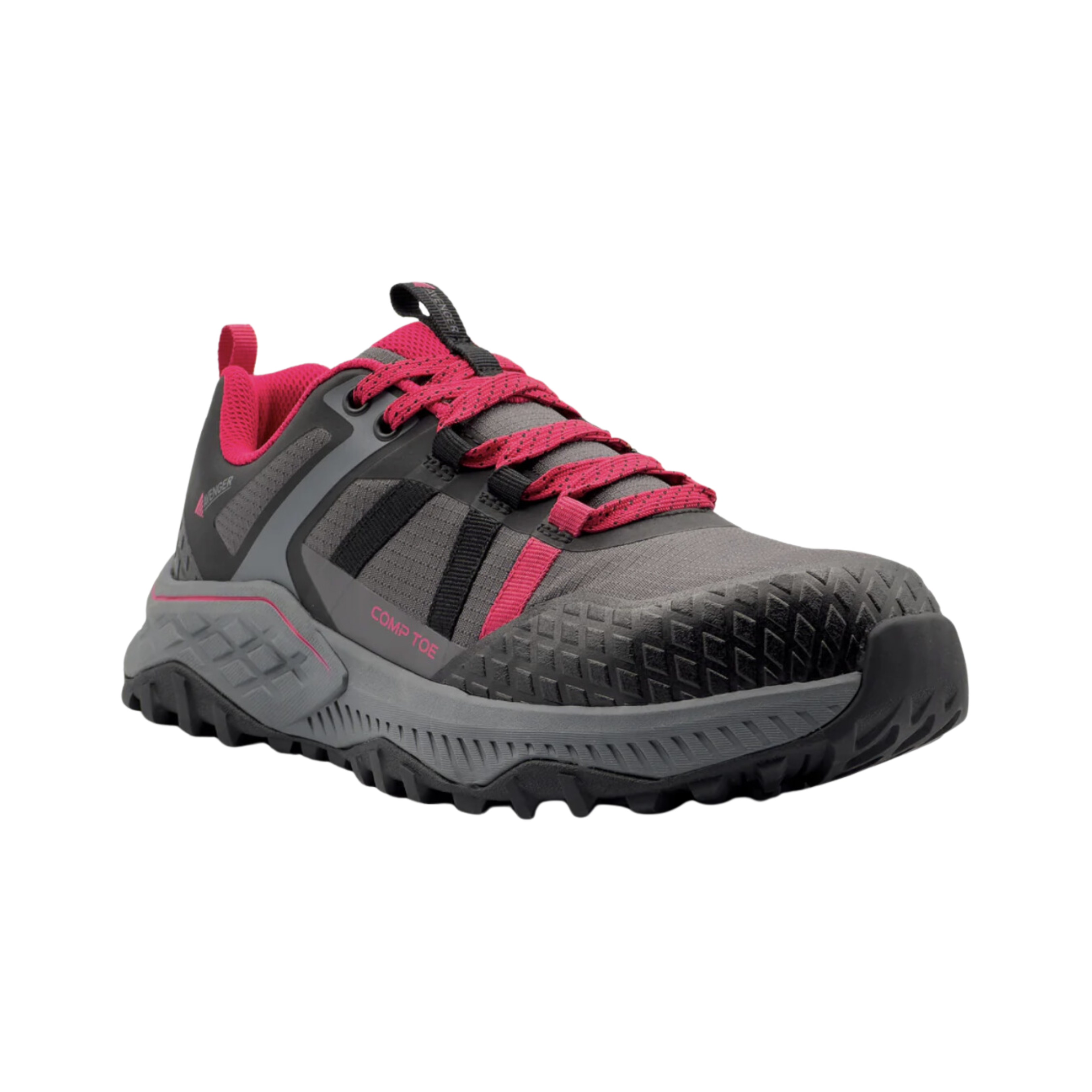 Side view of Women’s Avenger Aero Trail composite toe work boot in grey and magenta – featuring lightweight composite safety toe for protection, breathable mesh panels for ventilation, durable outsole for superior traction, and padded collar for ankle comfort.