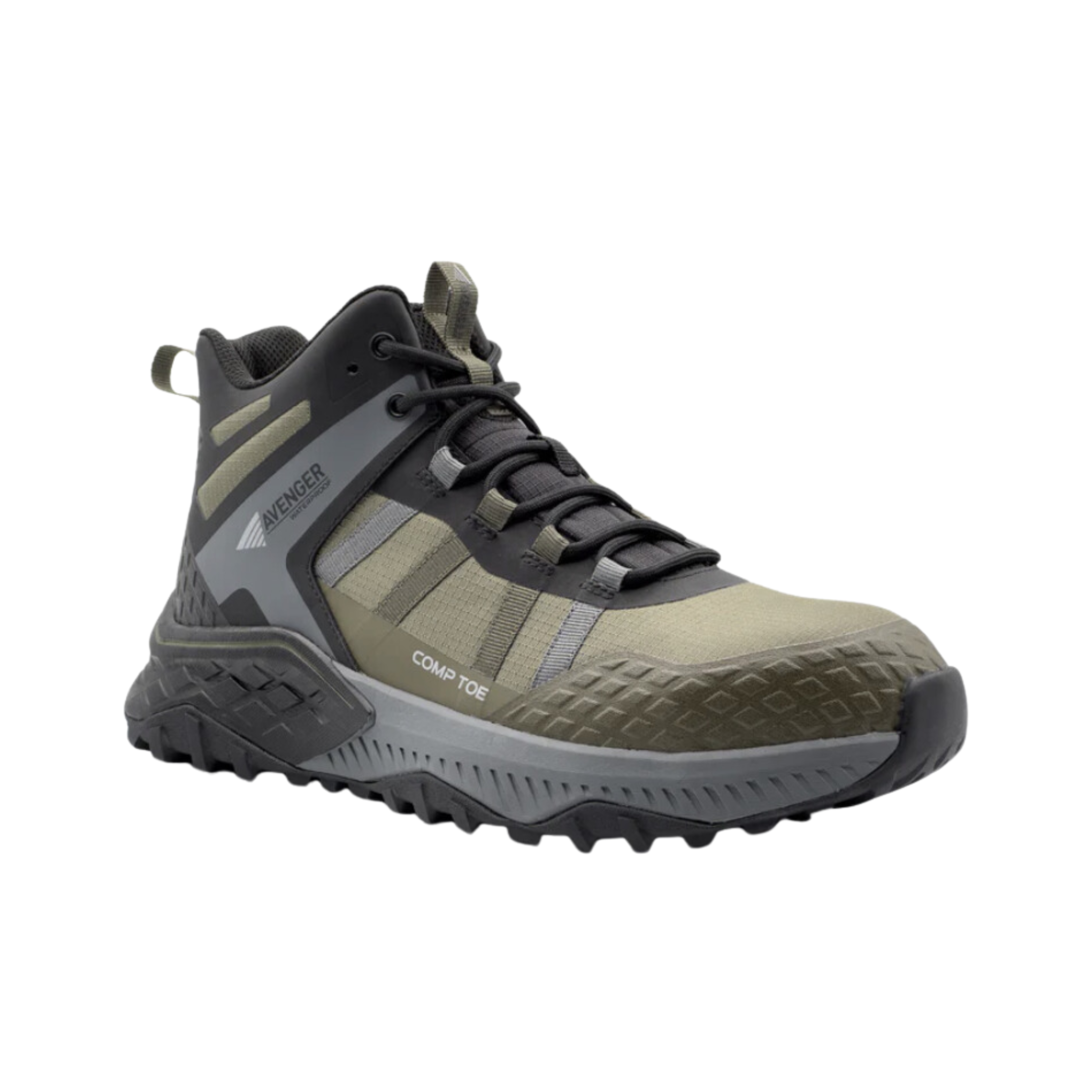 Side view of Men’s Avenger Aero Trail Composite Toe work shoe in olive – features include a lightweight composite safety toe, abrasion-resistant toe cap, breathable mesh and synthetic upper, slip- and oil-resistant rubber outsole, electrical hazard protection, and cushioned EVA midsole for all-day comfort.