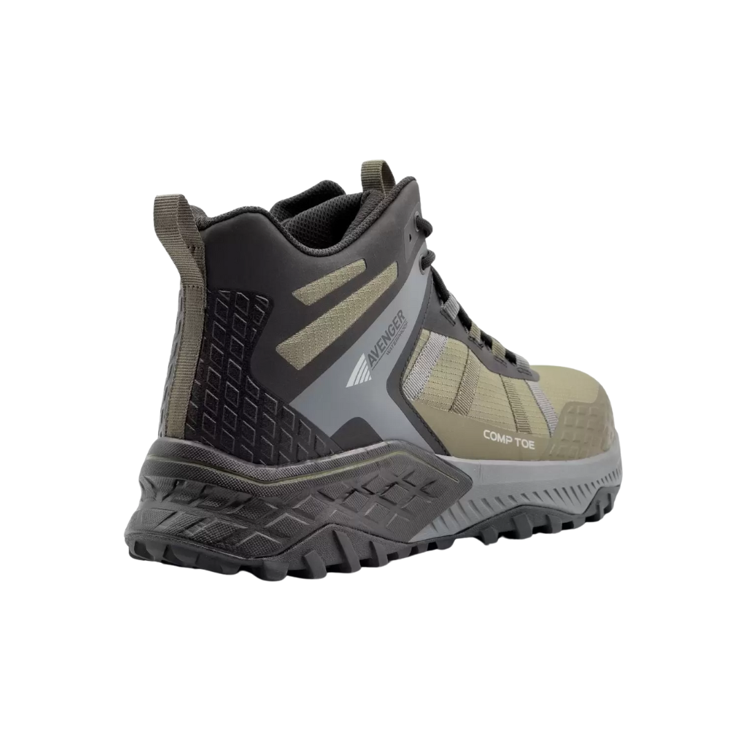 Angled view of Men’s Avenger Aero Trail Composite Toe work shoe in olive – features include a composite safety toe, rugged mesh and synthetic construction, moisture-wicking lining, slip- and oil-resistant outsole, cushioned footbed, and aggressive trail-style design suitable for industrial and outdoor work environments.