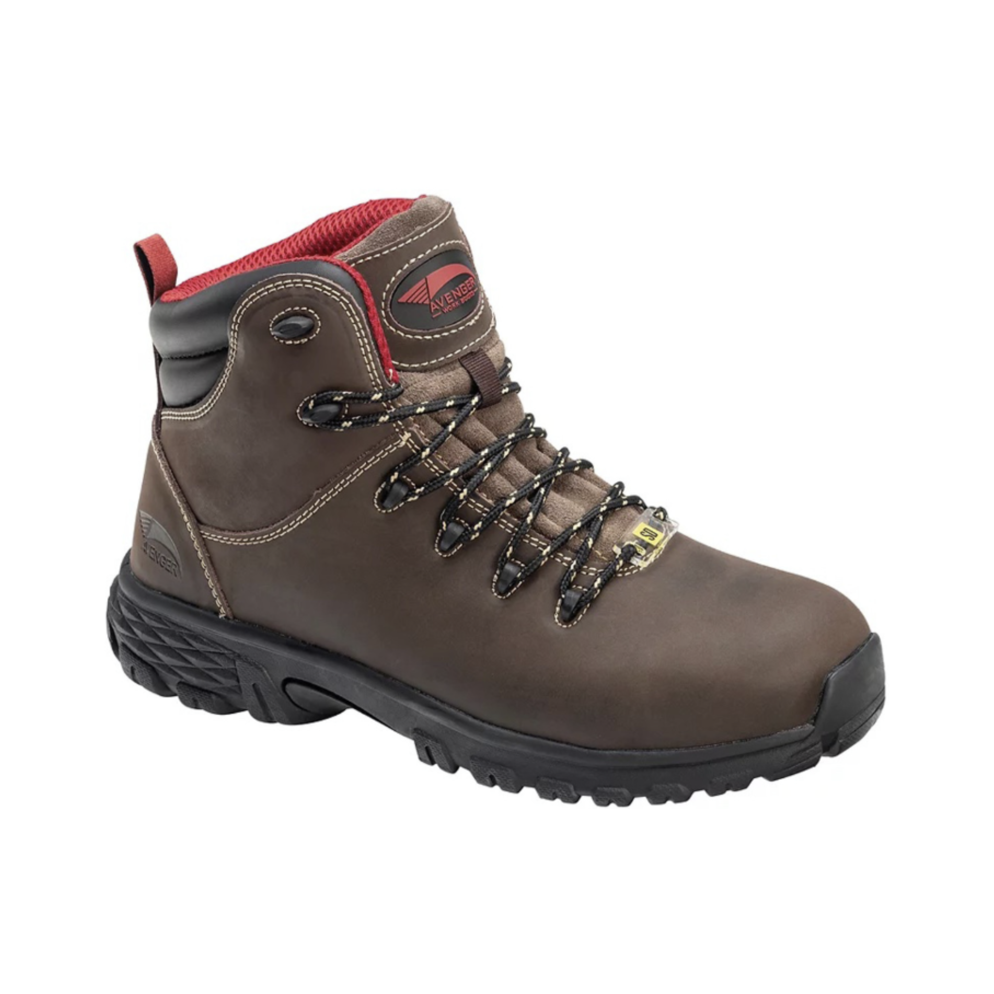 Side view of Men’s Avenger Flight 6-inch work boot in brown and black – featuring waterproof leather upper, composite toe protection, slip- and oil-resistant outsole, cushioned midsole for shock absorption, and electrical hazard protection.