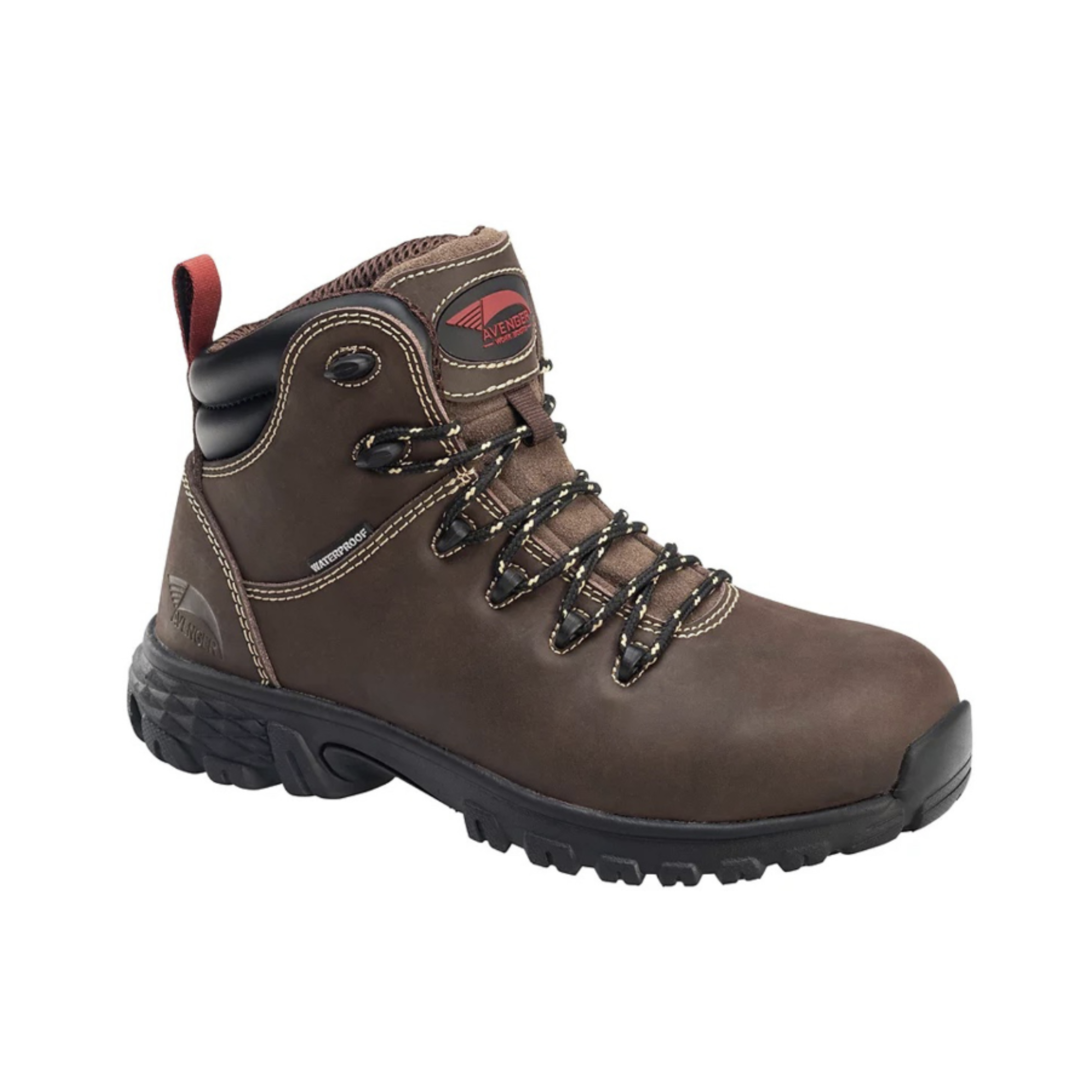 Side view of Women’s Avenger Flight 6-inch work boot in brown and black – featuring waterproof leather upper, composite safety toe, rugged slip-resistant outsole, cushioned footbed for comfort, and electrical hazard protection.