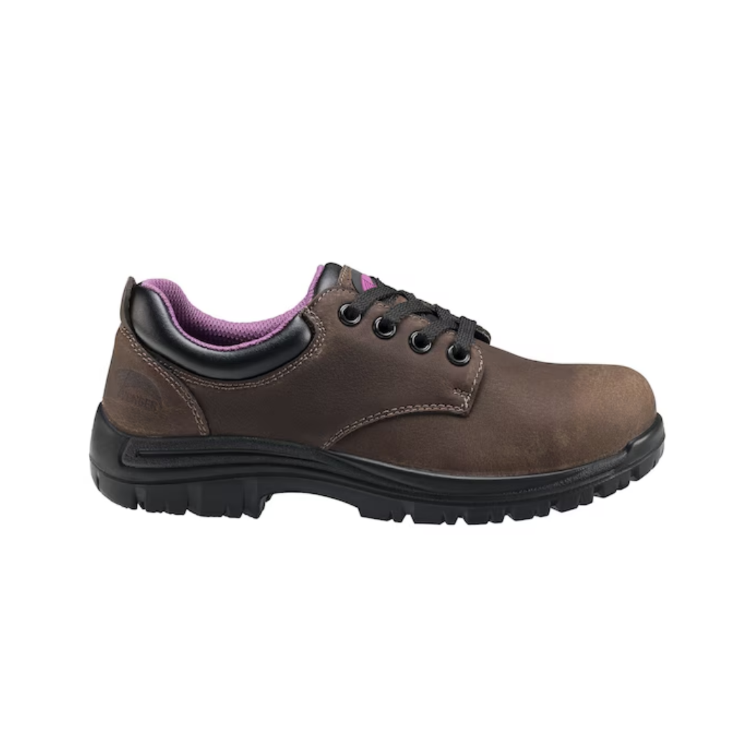 Side view of Women’s Avenger Foreman Oxford Composite Toe work shoe in brown – features include a durable full-grain leather upper, lightweight composite safety toe, slip- and oil-resistant rubber outsole, electrical hazard protection, and low-profile oxford design for workplace versatility.