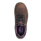 Top view of Women’s Avenger Foreman Oxford Composite Toe work shoe in brown – features include a traditional lace-up closure, padded collar and tongue, moisture-wicking mesh lining, contoured insole for added comfort, and reinforced stitching for durability.