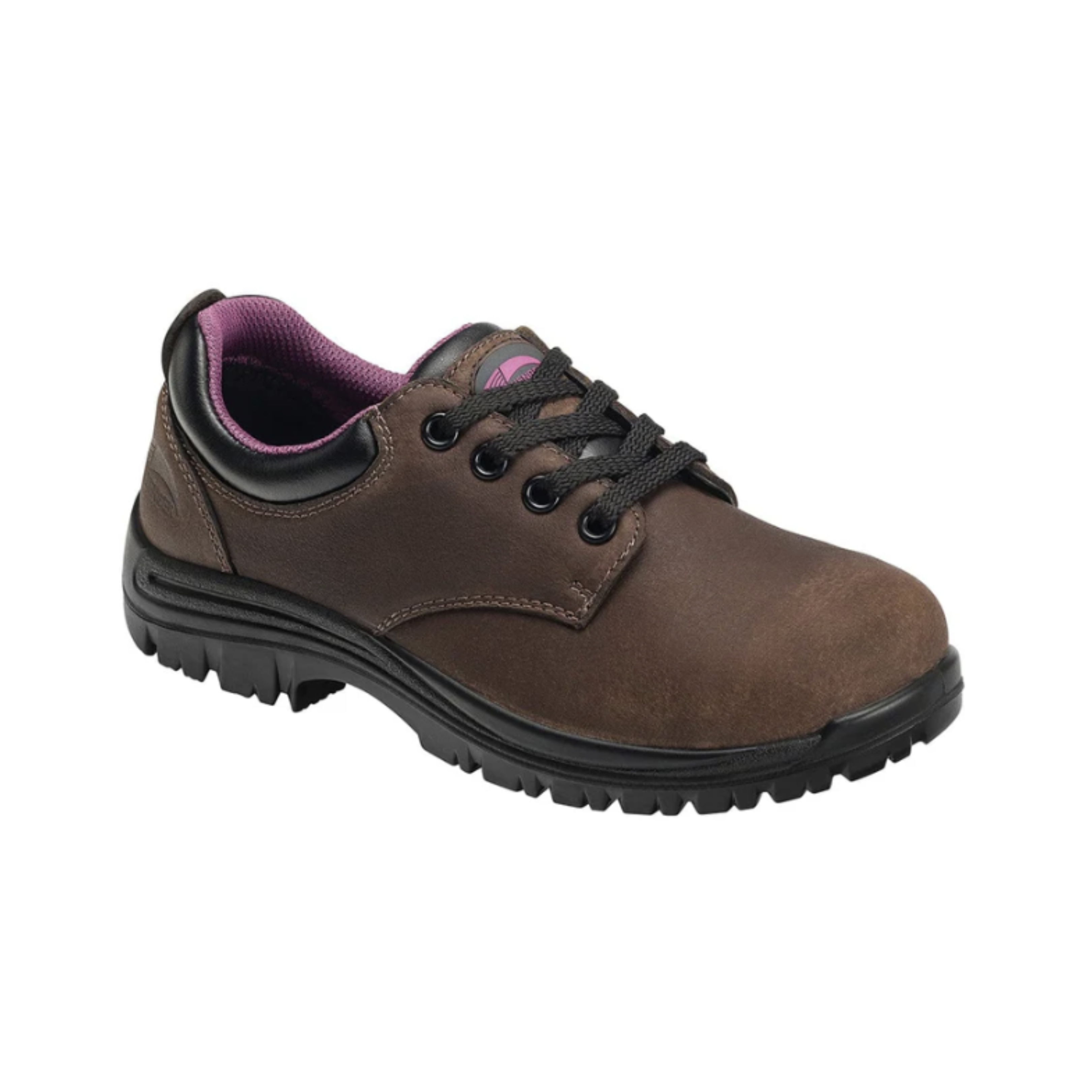 Side view of Women’s Avenger Foreman Oxford Composite Toe work shoe in brown – features include a durable full-grain leather upper, lightweight composite safety toe, slip- and oil-resistant rubber outsole, electrical hazard protection, and low-profile oxford design for workplace versatility.