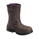 Side view of Women’s Avenger Framer work boot in brown and pink – featuring waterproof leather upper, composite safety toe for impact protection, padded collar for enhanced ankle support, slip-resistant outsole for reliable traction, and electrical hazard protection.