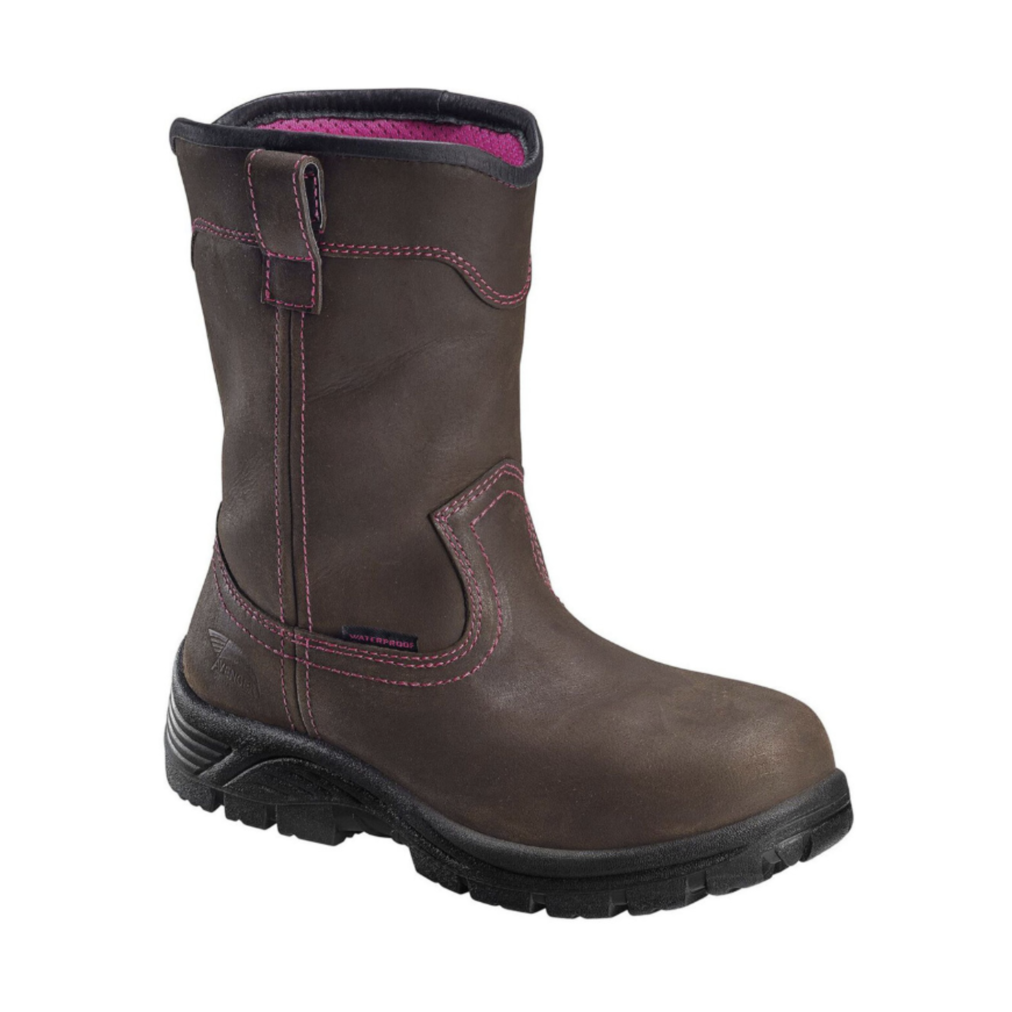 Side view of Women’s Avenger Framer work boot in brown and pink – featuring waterproof leather upper, composite safety toe for impact protection, padded collar for enhanced ankle support, slip-resistant outsole for reliable traction, and electrical hazard protection.