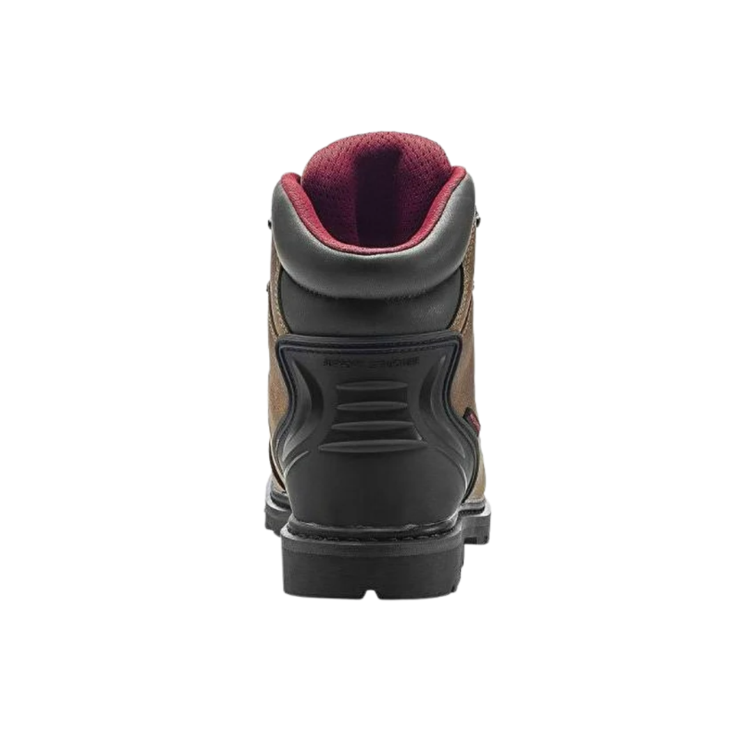 Back view of Men’s Avenger Hammer 6-inch work boot in brown – features include a reinforced heel counter, pull loop for easy on/off, padded ankle support, and contrast stitching for added durability and style.