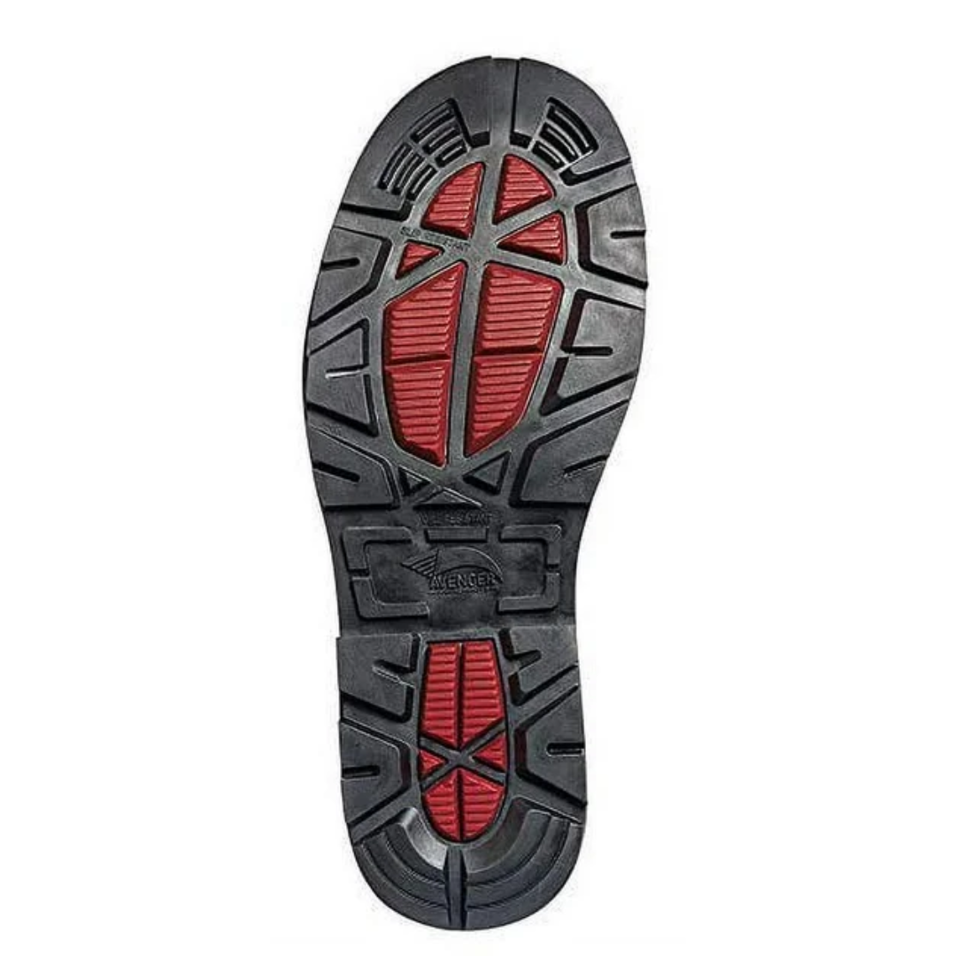 Bottom view of Men’s Avenger Hammer 6-inch work boot in brown – features include a rugged slip- and oil-resistant lug outsole, electrical hazard protection, and ladder-lock grip zones for added traction and safety on uneven surfaces.
