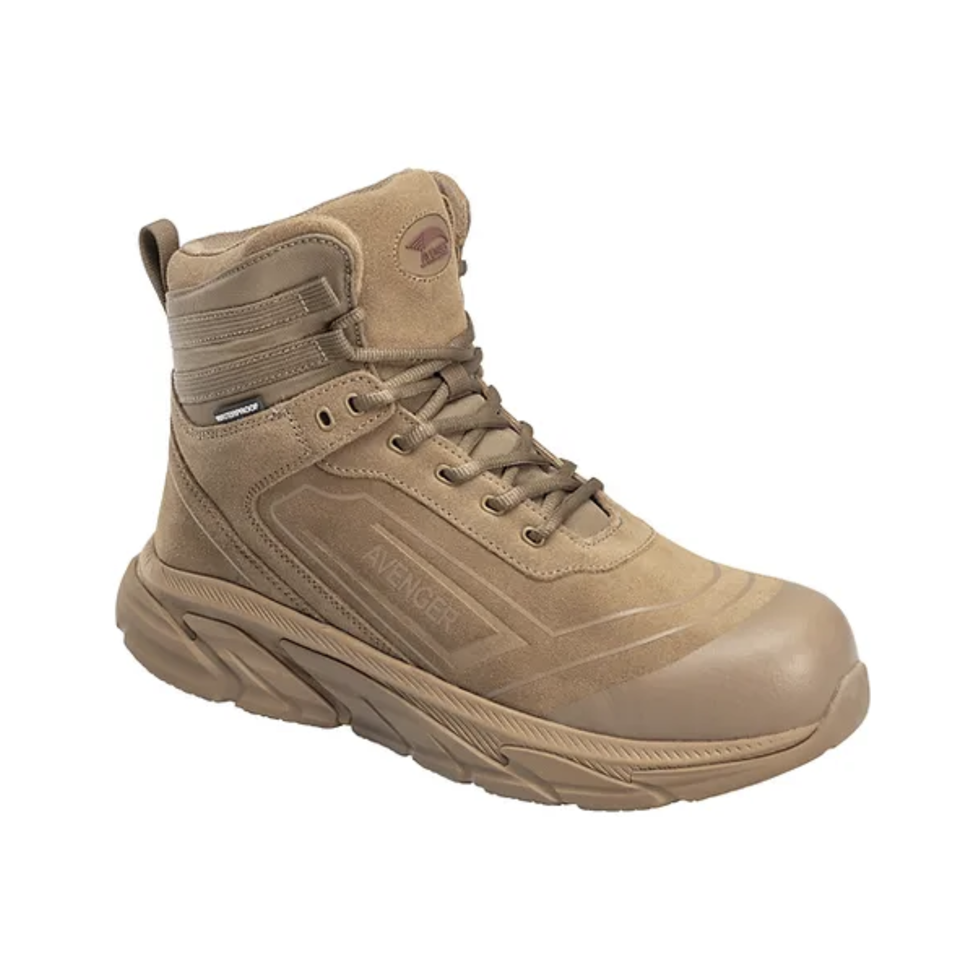 Side view of Men’s Avenger K4 aluminum toe work boot in coyote tan – featuring aluminum safety toe for protection, full-grain leather upper, cushioned midsole, and slip-resistant outsole.