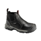 Side view of Men’s Avenger Ripsaw slip-on work boot in all black – featuring slip-on design with elastic gore panels, durable leather upper, composite safety toe for protection, and slip-resistant outsole for secure footing.