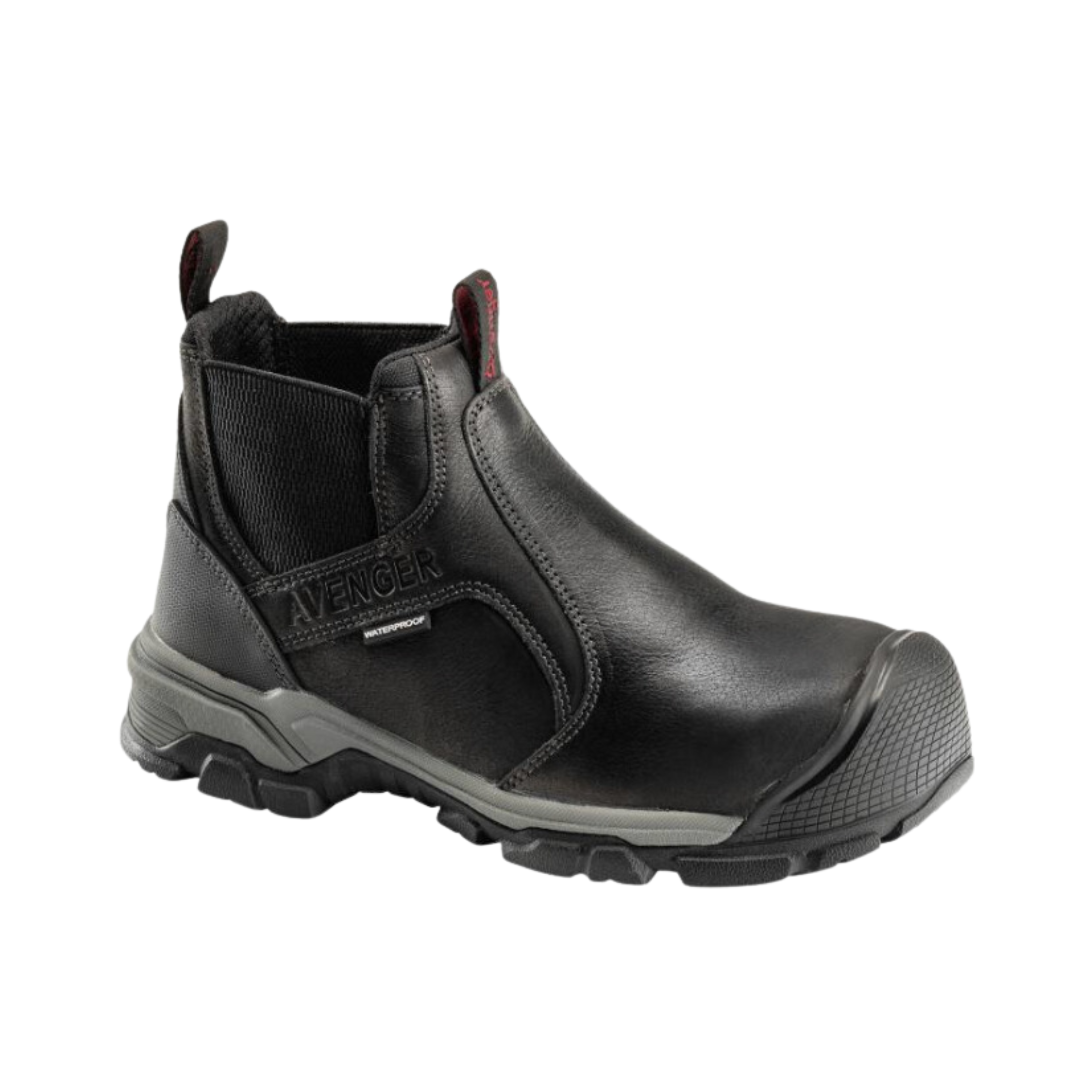 Side view of Men’s Avenger Ripsaw slip-on work boot in all black – featuring slip-on design with elastic gore panels, durable leather upper, composite safety toe for protection, and slip-resistant outsole for secure footing.
