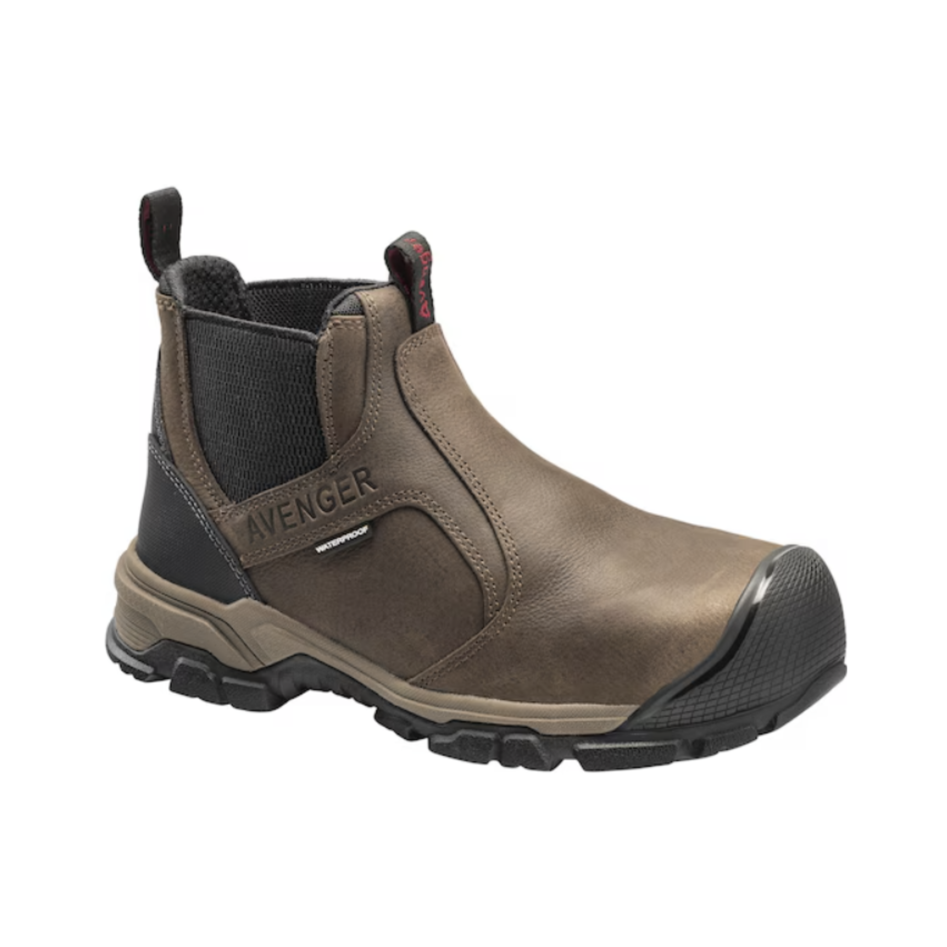 Side view of Men’s Avenger Romeo work shoe in brown – features include a full-grain leather upper, lightweight composite safety toe, dual elastic gore panels for easy slip-on fit, slip- and oil-resistant outsole, and electrical hazard protection.