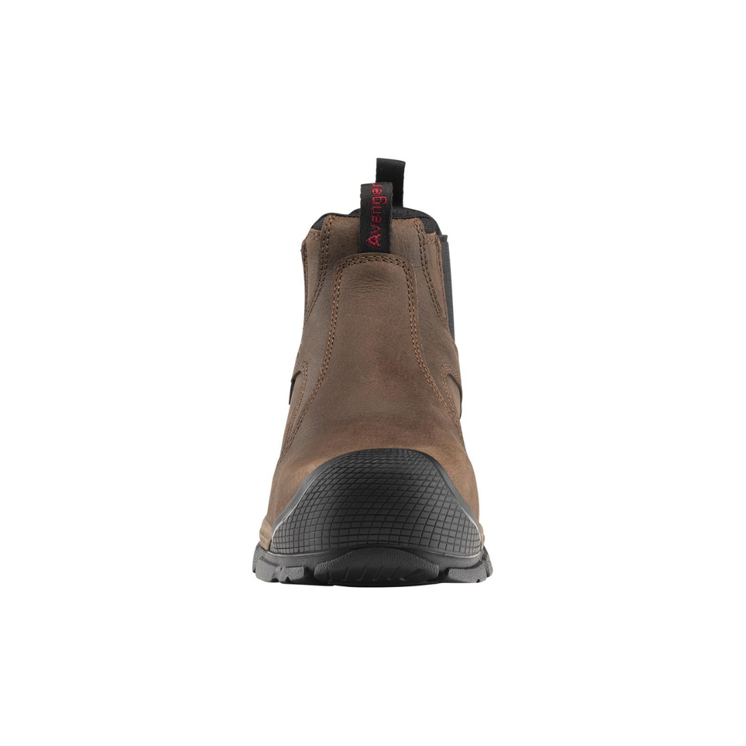Front view of Men’s Avenger Romeo work shoe in brown – features include a composite safety toe, full-grain leather slip-on design, moisture-wicking lining, dual elastic side gores, and a slip-resistant outsole ideal for light industrial work.