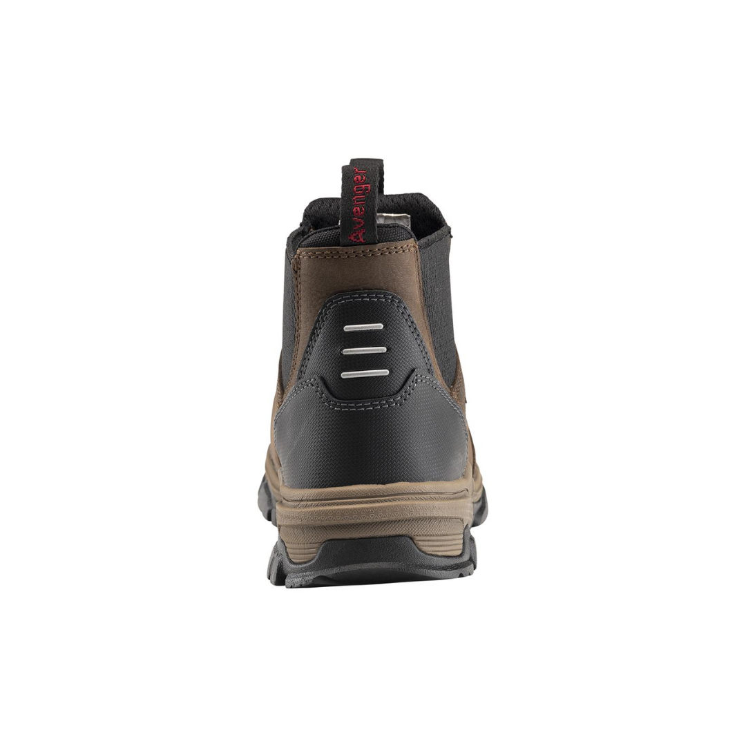 Back view of Men’s Avenger Romeo work shoe in brown – features include rear pull tab for easy on/off, padded heel collar, reinforced heel counter, and contrast stitching for a rugged look.
