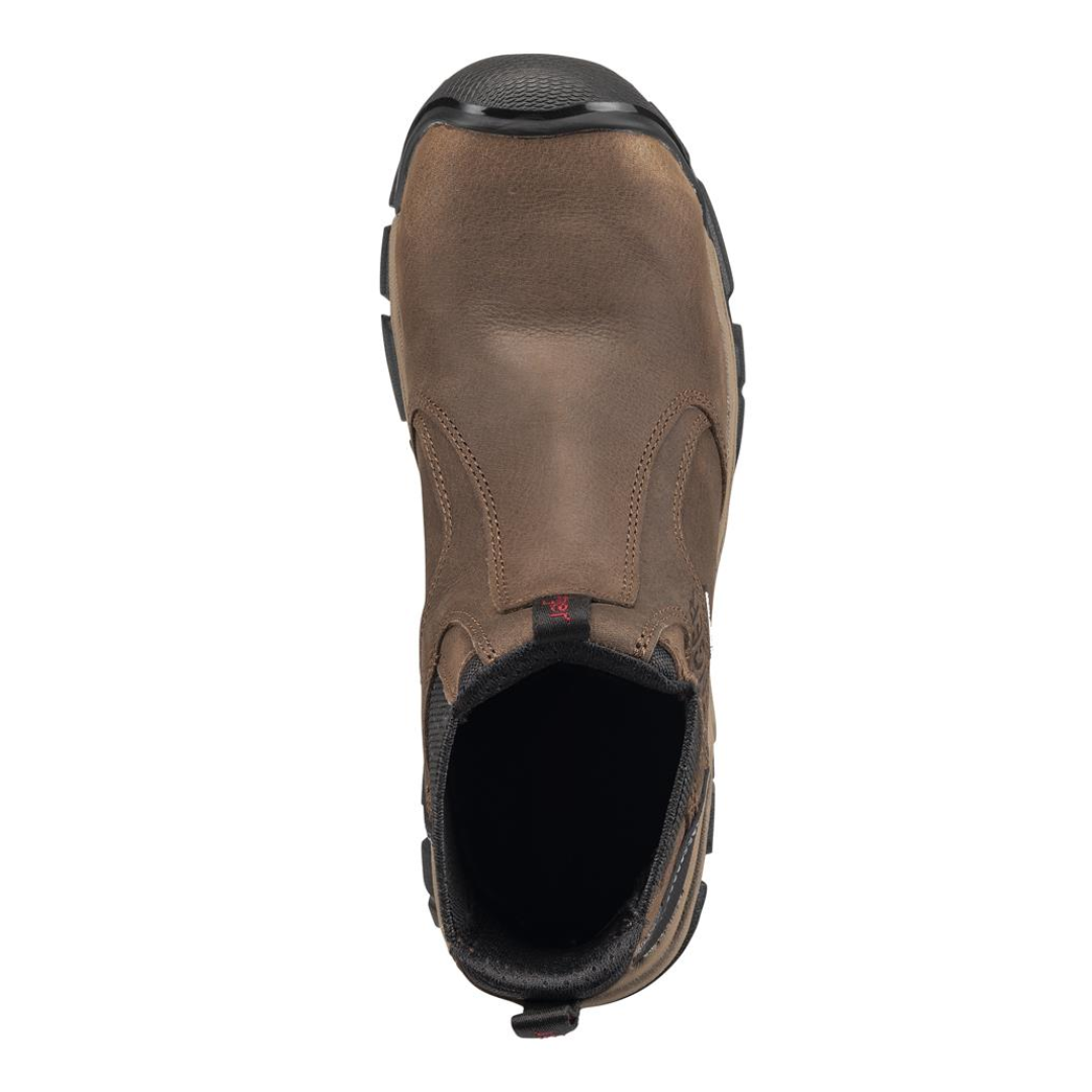 Top view of Men’s Avenger Romeo work shoe in brown – features include a smooth leather finish, dual stretch side panels, pull tabs at tongue and heel, padded collar, and breathable moisture-wicking lining for all-day comfort.