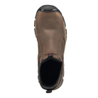 Top view of Men’s Avenger Romeo work shoe in brown – features include a smooth leather finish, dual stretch side panels, pull tabs at tongue and heel, padded collar, and breathable moisture-wicking lining for all-day comfort.